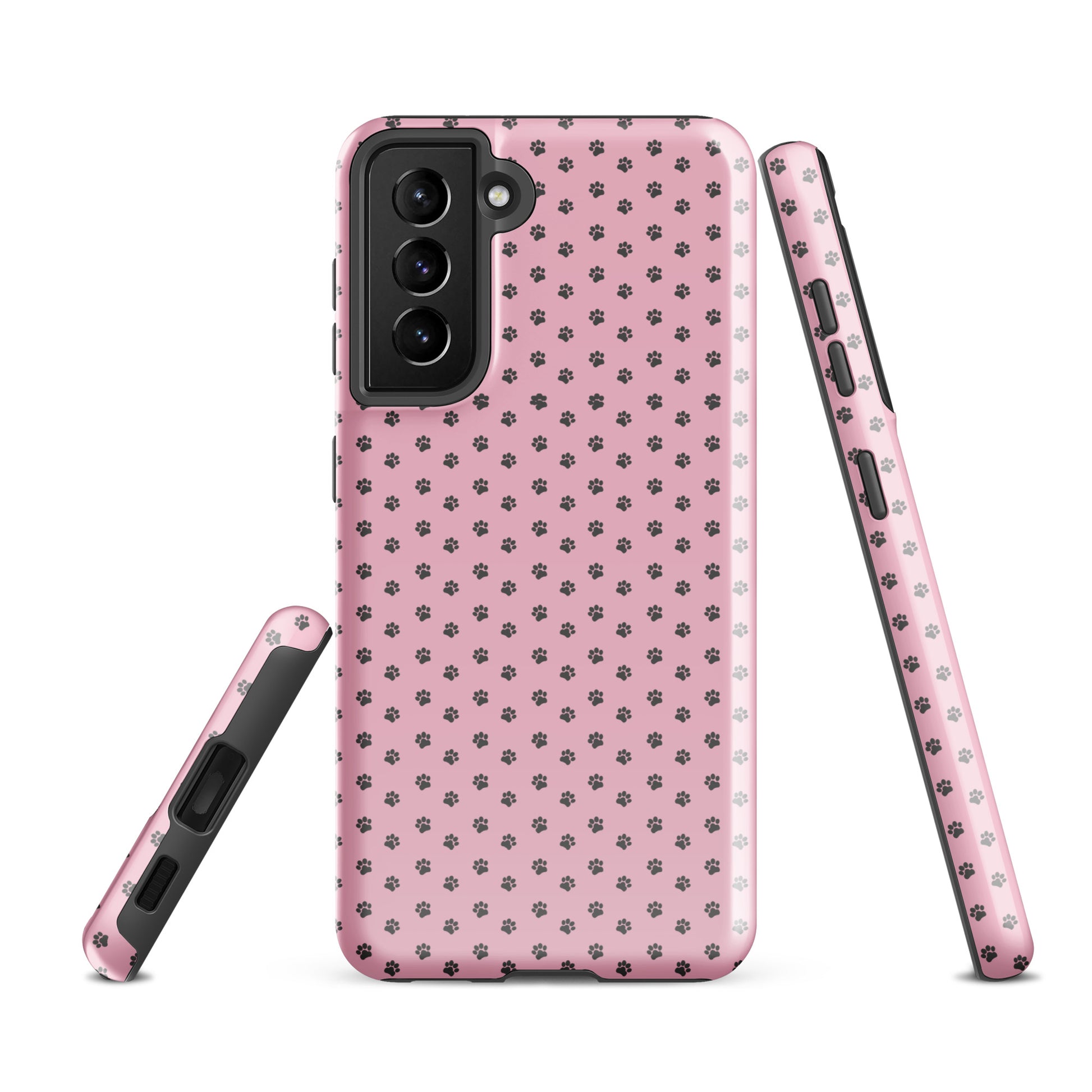 Phone Case Samsung Galaxy Paw‑Print Design in playful pink with dark gray paw prints, showcasing cute and durable protection.