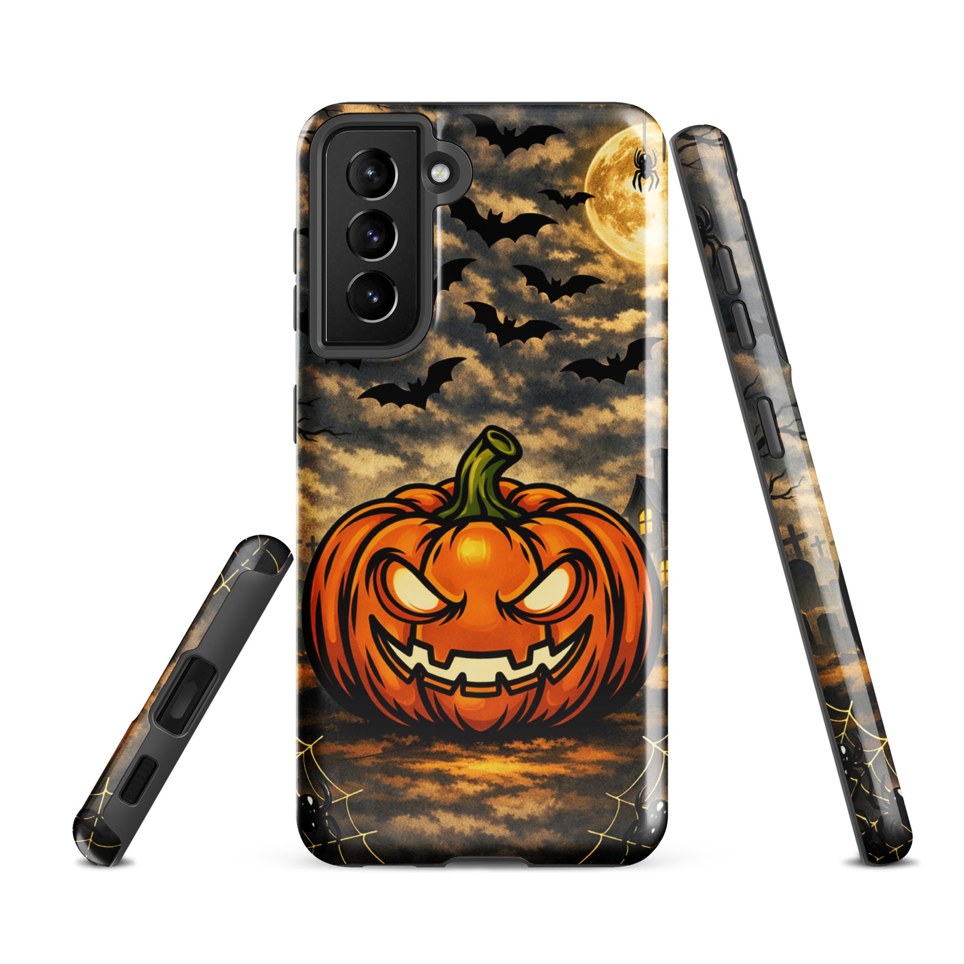 Phone Case for Samsung Galaxy with haunted pumpkin, bats, moonlit clouds, and spooky Halloween scene.