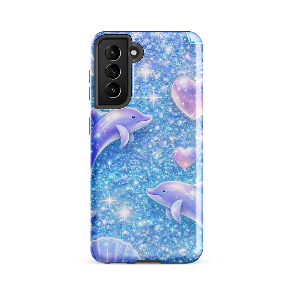 Phone Case for Samsung Galaxy with Ocean Glitter Dolphins design, featuring dolphins, glitter, celestial accents, and pastel moons.