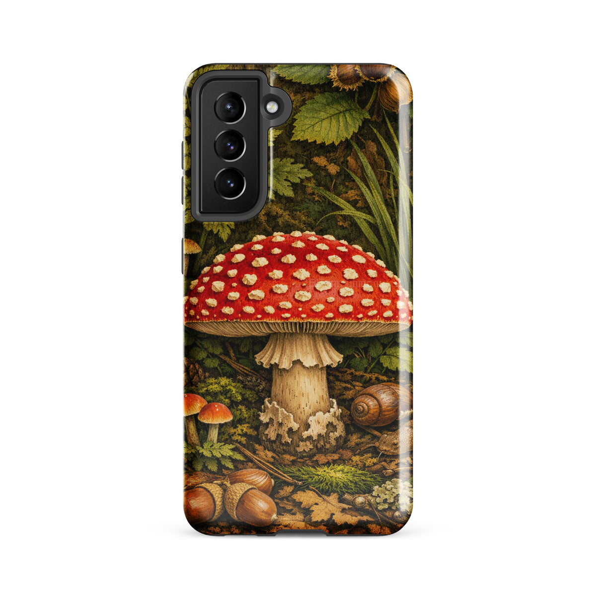 Phone Case for Samsung Galaxy featuring Amanita muscaria mushroom design; vivid forest-themed illustration with a scarlet mushroom cap.