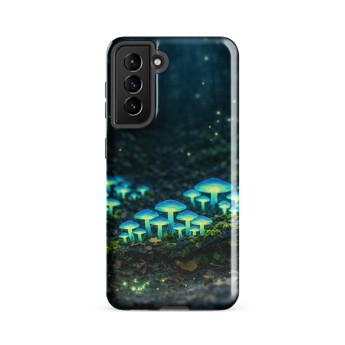 Phone Case for Samsung Galaxy featuring glowing forest mushrooms, with bioluminescent blue-green glow in a misty woodland setting.