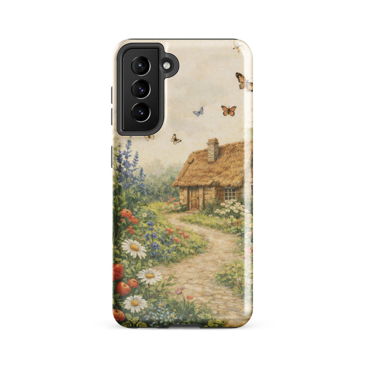 Phone Case for Samsung Galaxy with cottage garden art, featuring a thatched-roof stone cottage, daisies, poppies, and butterflies.