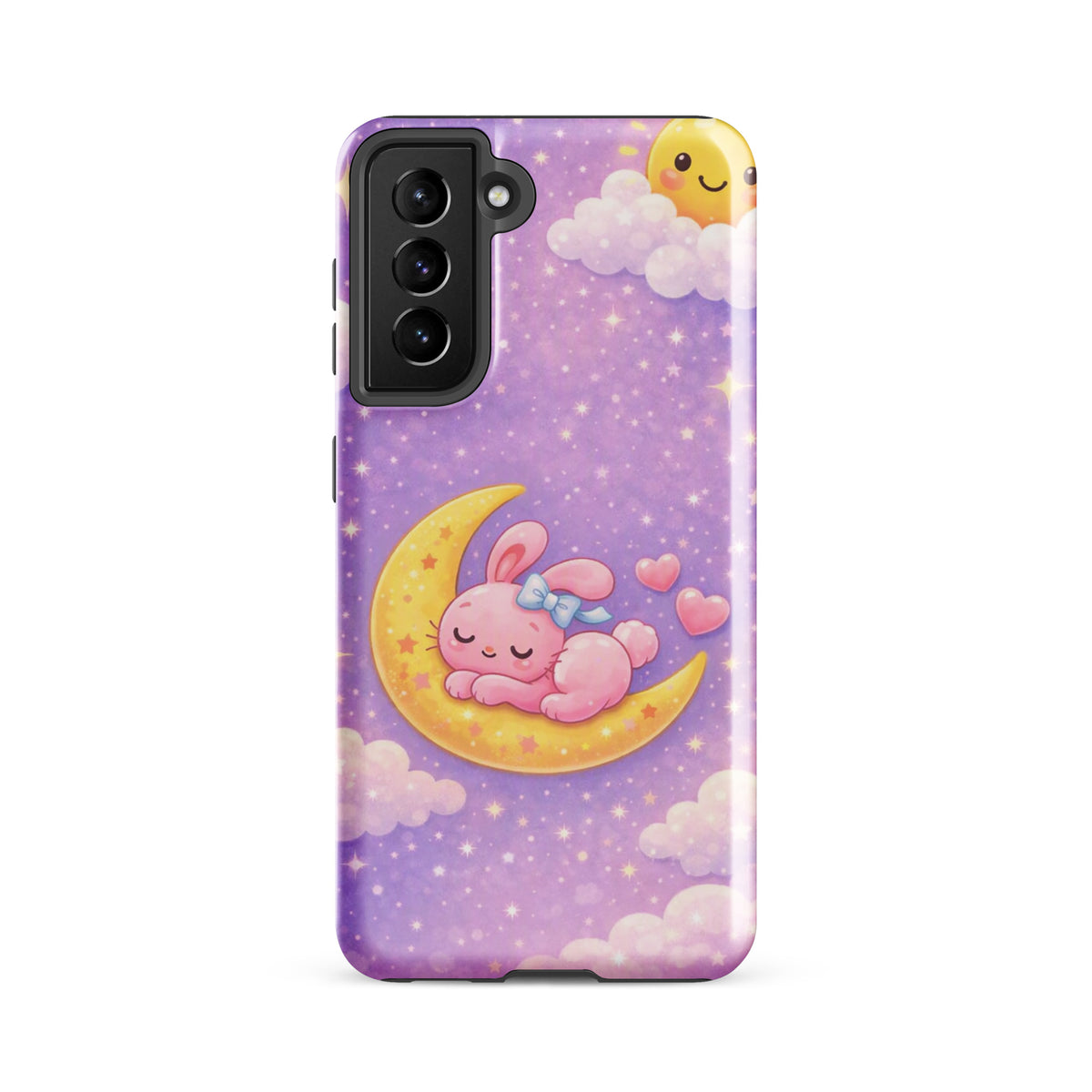 Phone Case for Samsung Galaxy - Cute, Cozy, Dreamy Bunny Moon Design with a pink bunny on a crescent moon against a starry sky.