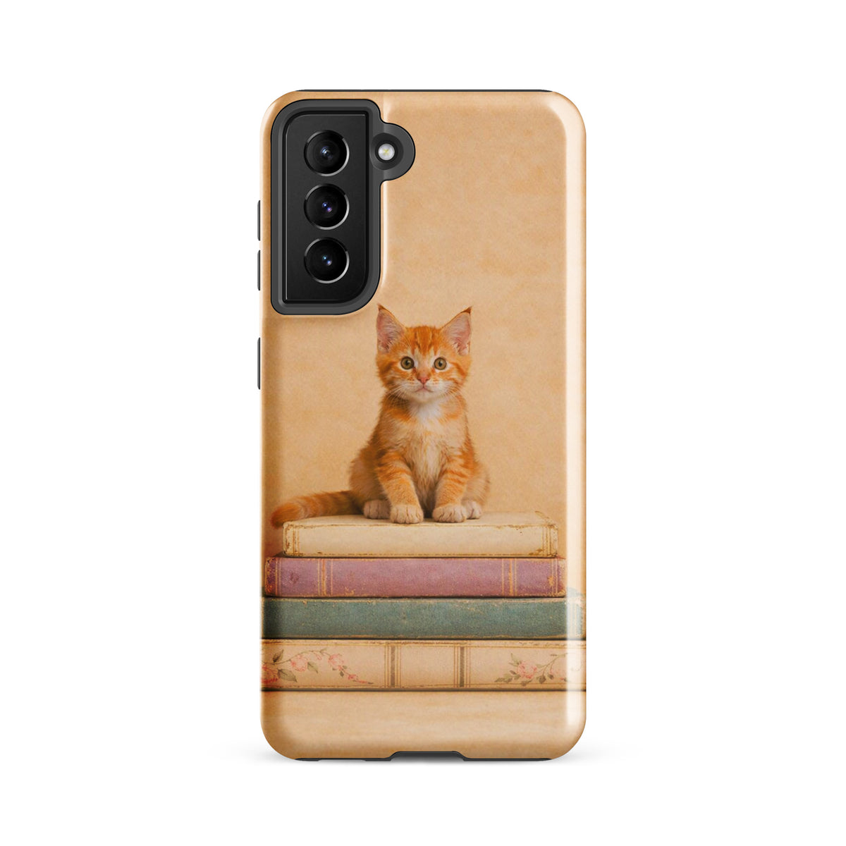 Phone Case for Samsung Galaxy featuring cozy kitten on vintage books design, protective and charming accessory.