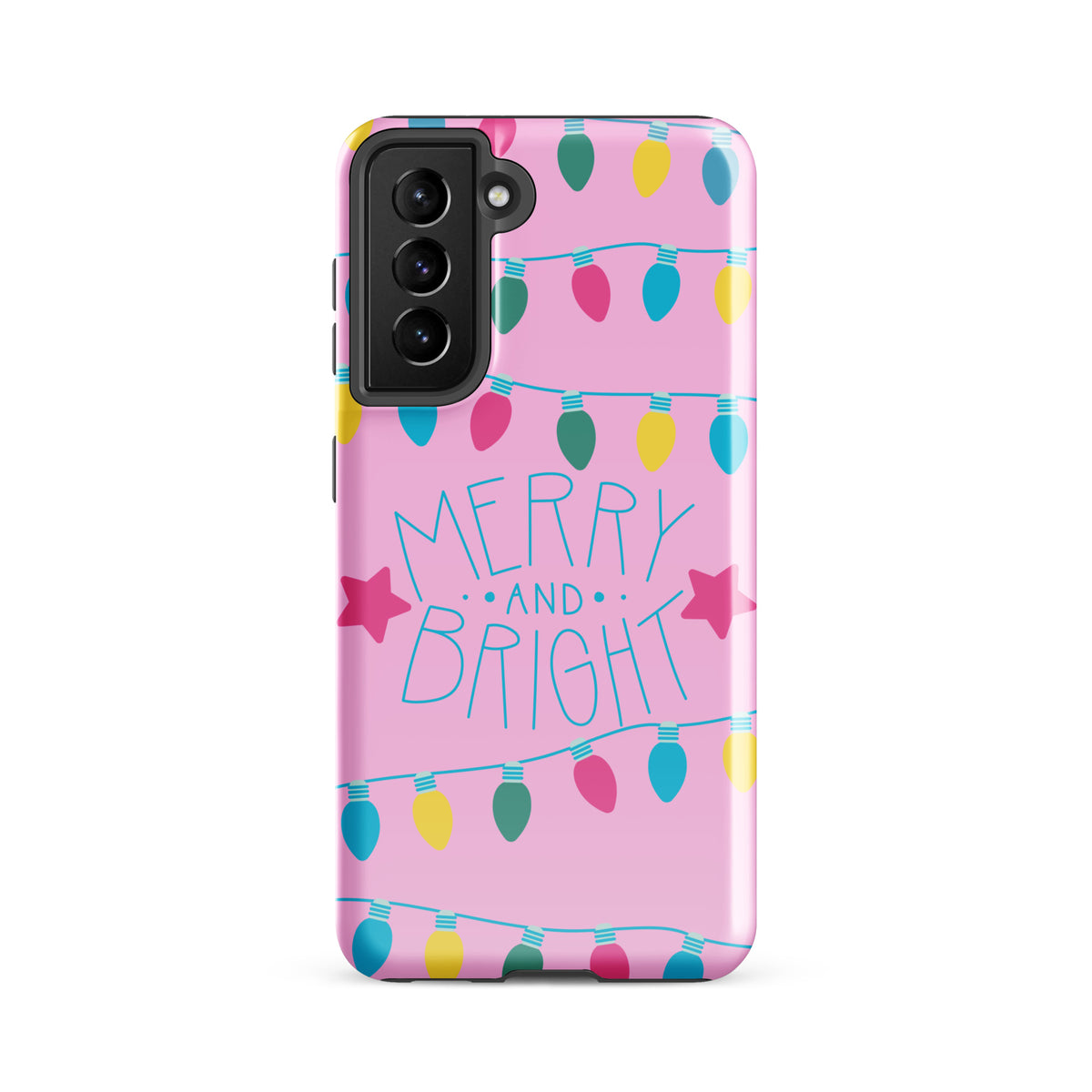 Phone Case for Samsung Galaxy with Merry and Bright holiday lights design on pink background