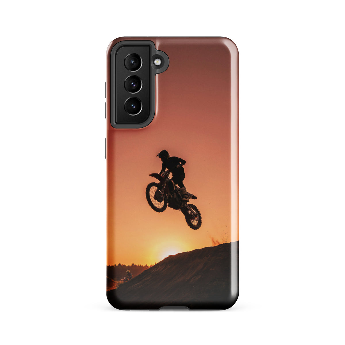 Phone Case for Samsung Galaxy with motocross sunset dirt bike design in copper, orange, gold, and black shades.