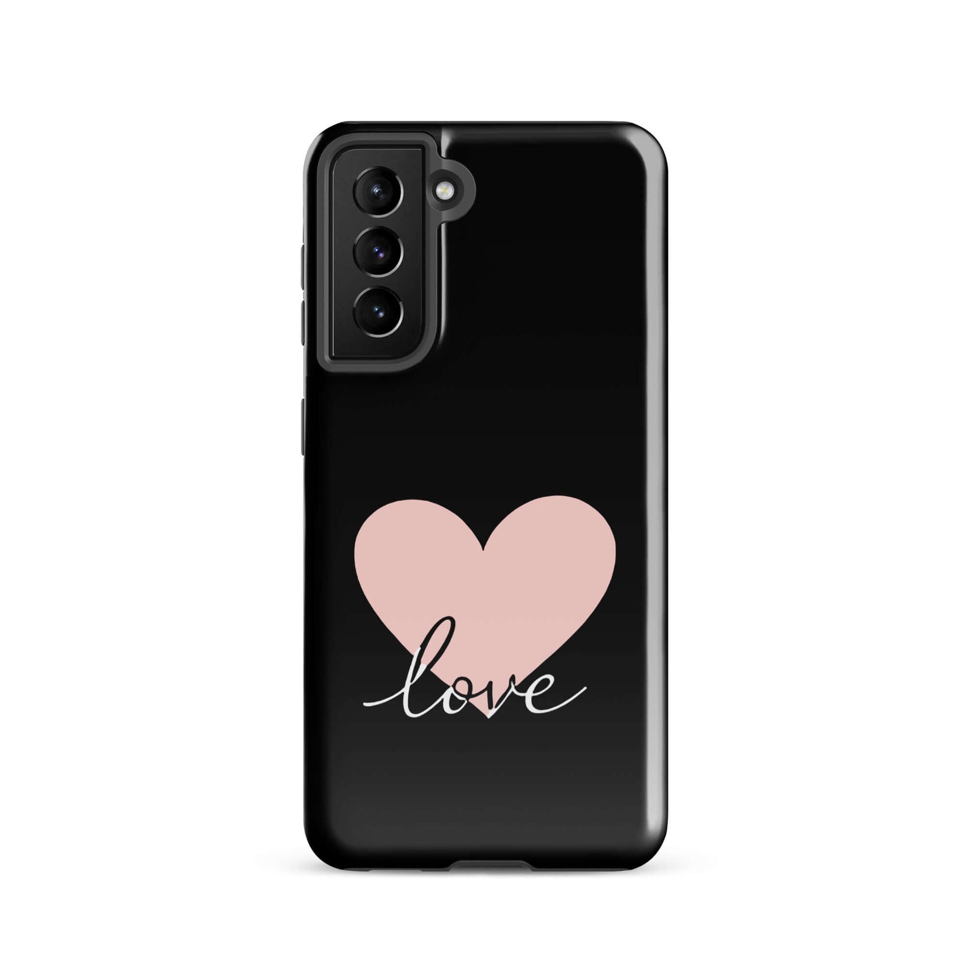 Phone Case Samsung Galaxy featuring a pink heart and script 'love' design on a black background.
