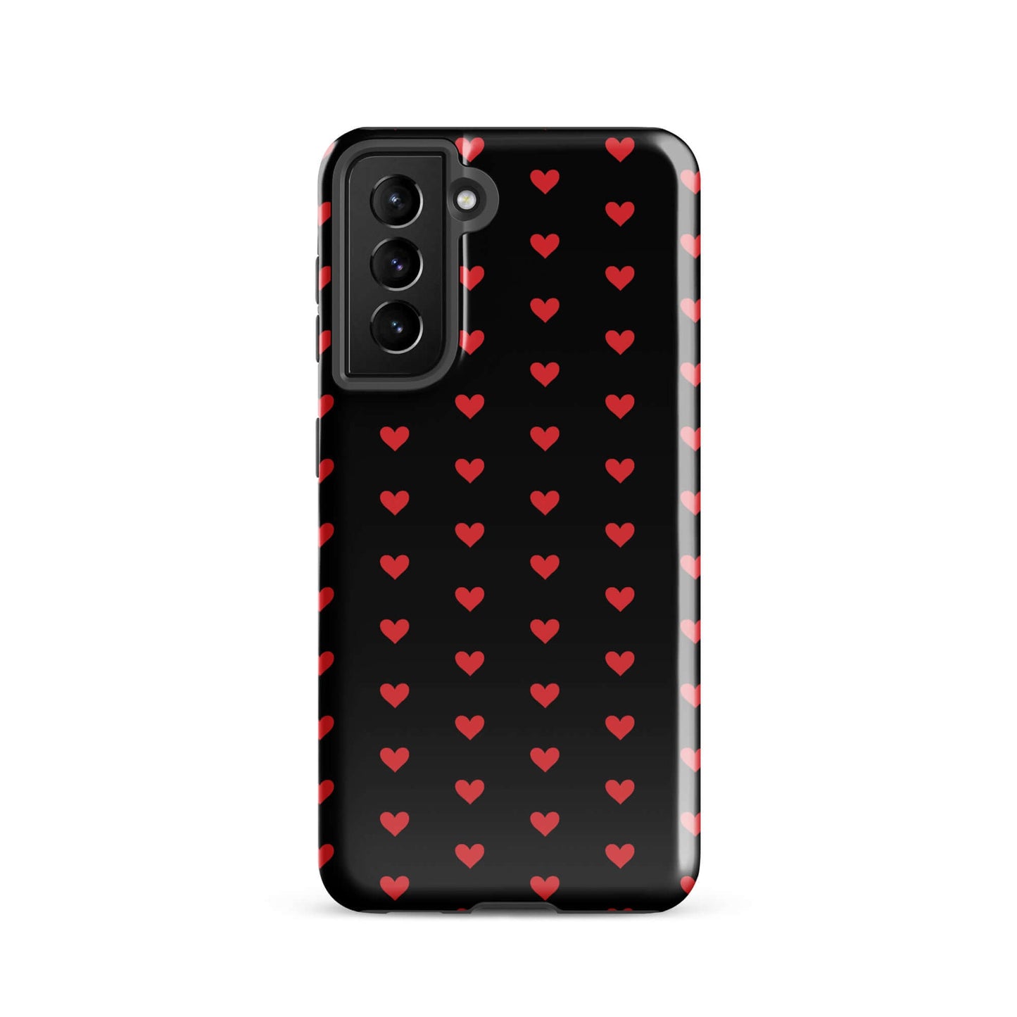 Phone Case for Samsung Galaxy with a pattern of fiery red hearts on a black background, combining style and protection.