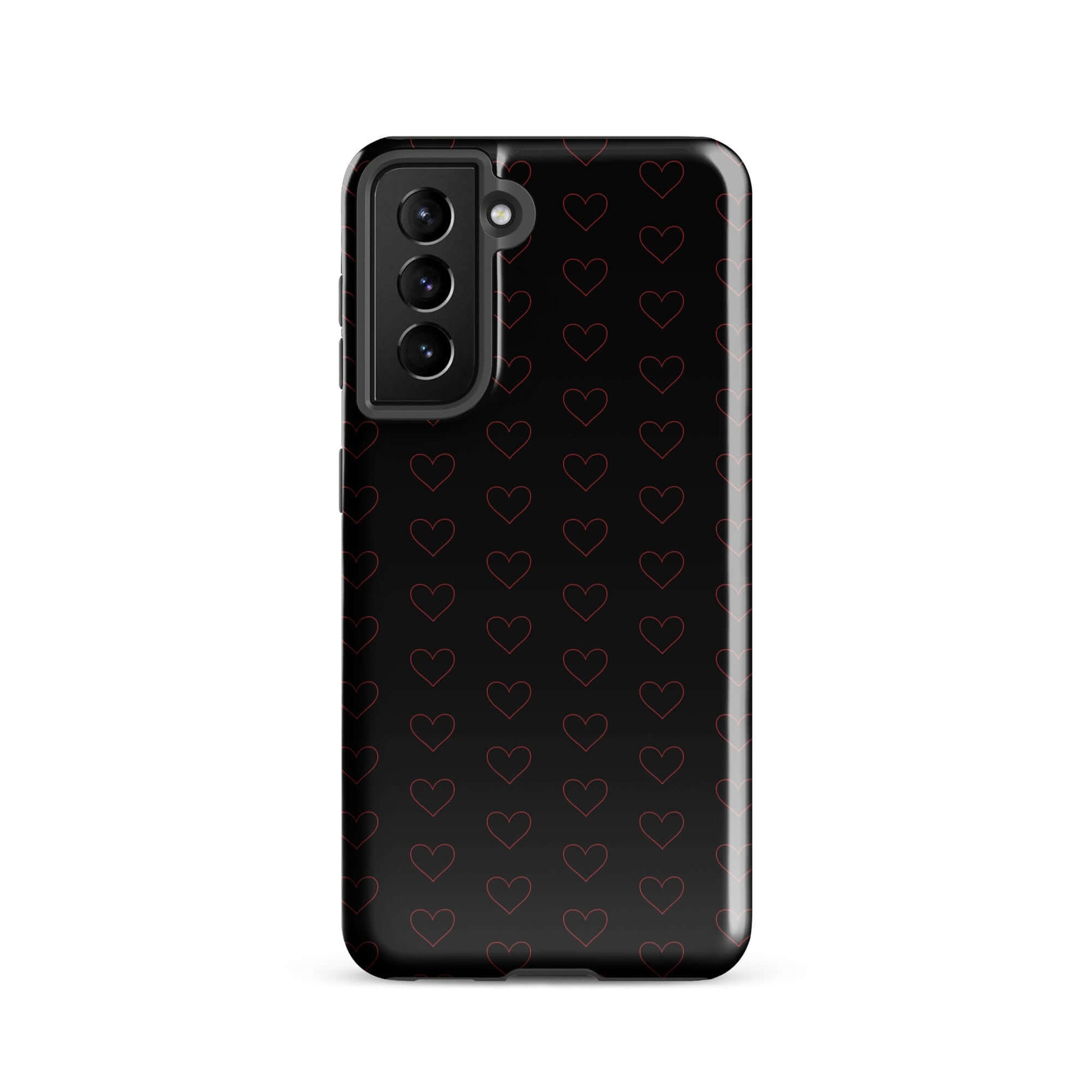 Phone Case for Samsung Galaxy with a stylish crimson heart pattern on a sleek black background.