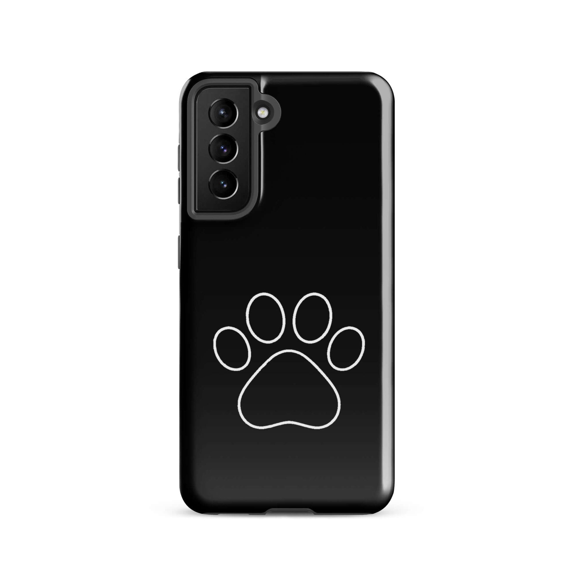 Phone Case for Samsung Galaxy with sleek black design and minimalist white paw print, perfect for pet lovers.