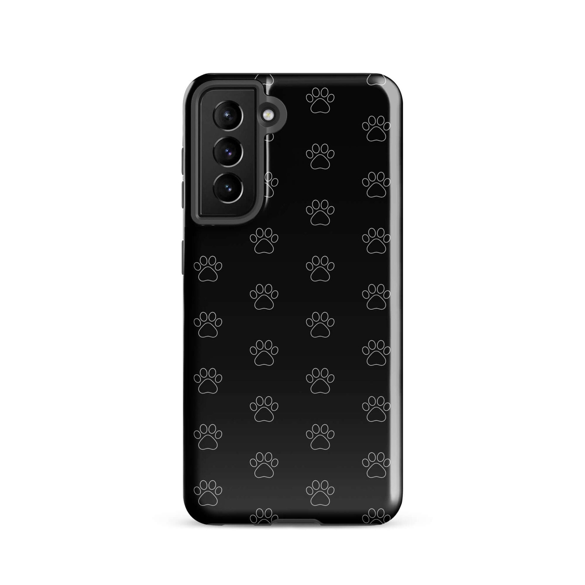 Phone Case for Samsung Galaxy featuring playful paw print pattern on a sleek black background.