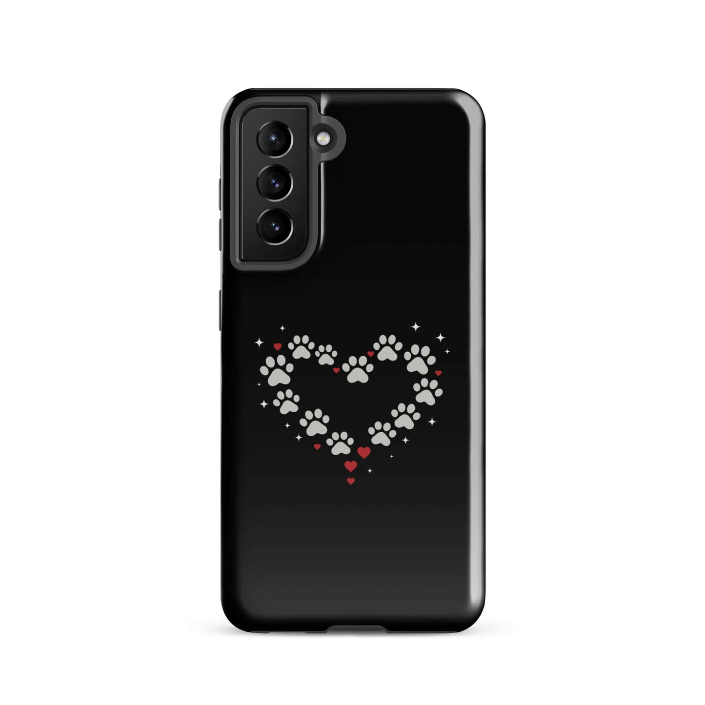 Phone Case for Samsung Galaxy featuring a heart design made of paw prints on a black background.