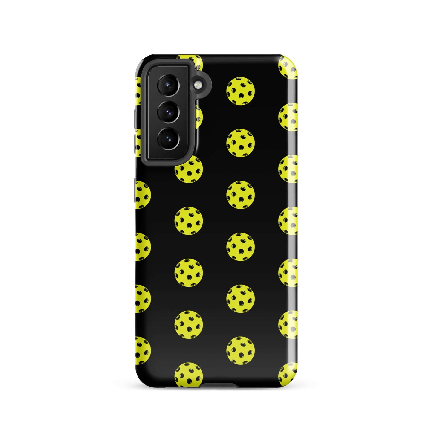 Phone Case for Samsung Galaxy with vibrant pickleball pattern on a black background.