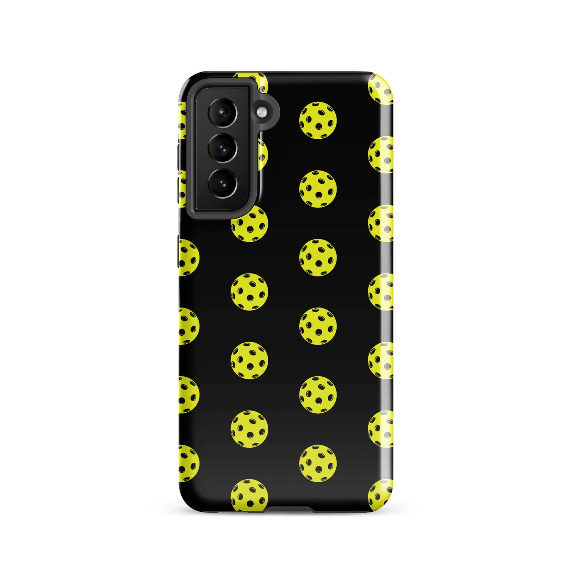 Phone Case for Samsung Galaxy with vibrant pickleball pattern on a black background.