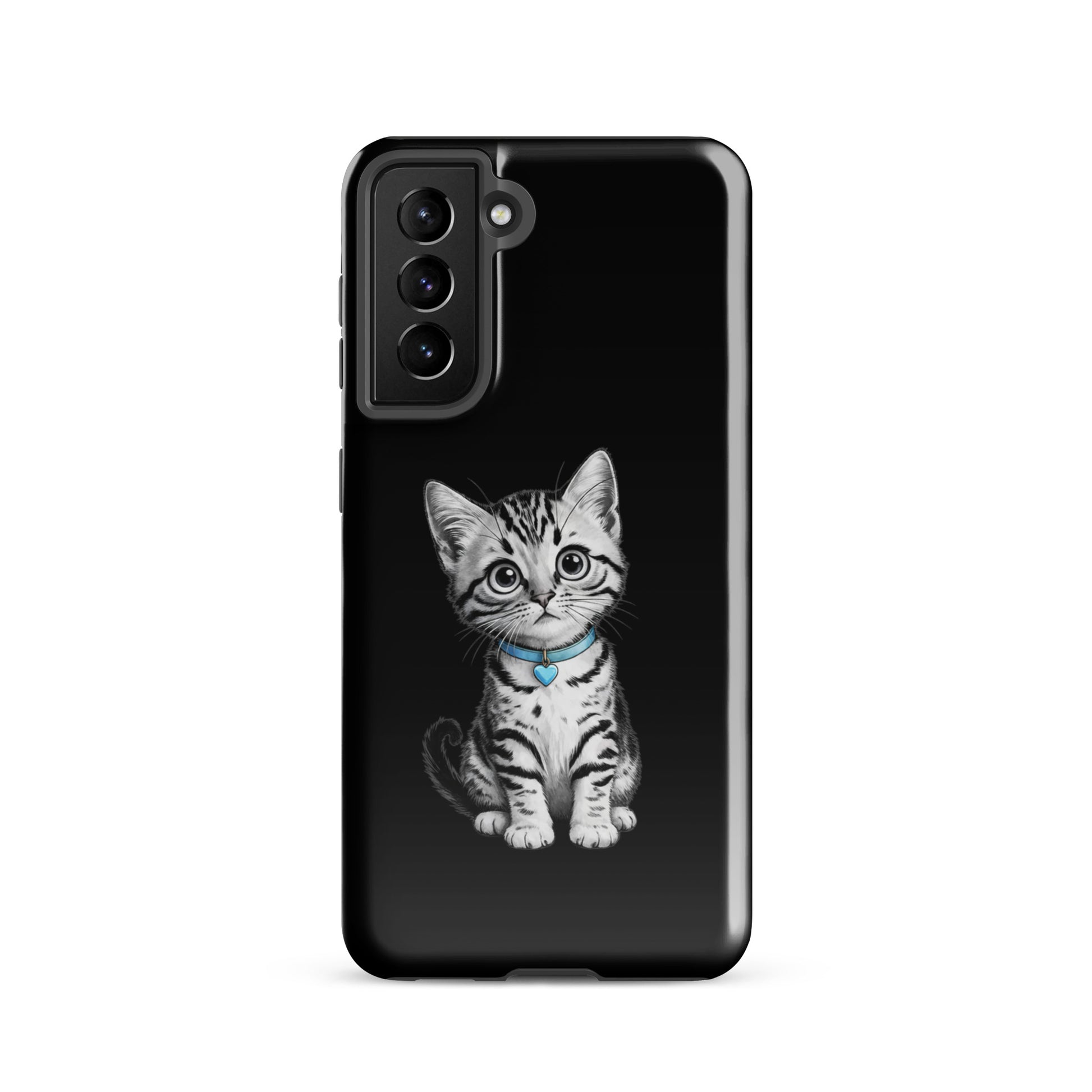 Phone Case for Samsung Galaxy featuring pencil-sketched kitten with blue collar and heart charm, elegant black-and-white design.