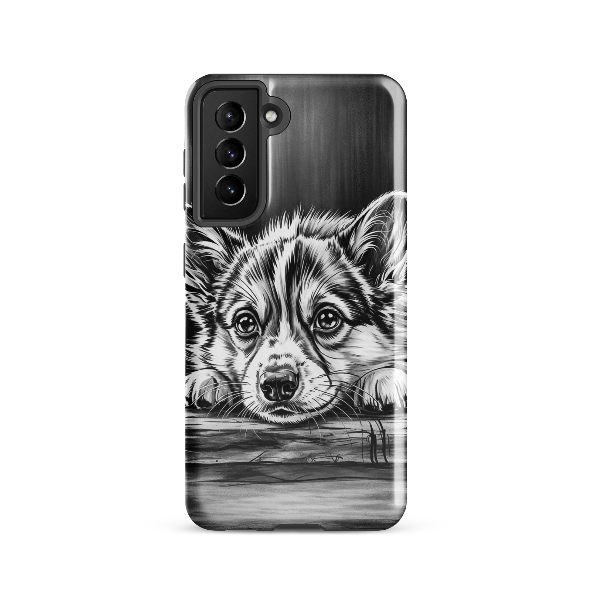 Phone Case featuring black-and-white puppy art for Samsung Galaxy with elegant design and premium protection.