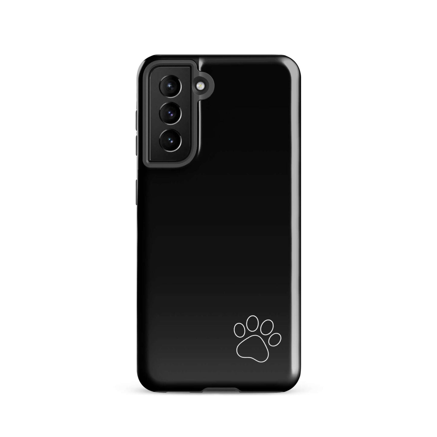 Phone Case for Samsung Galaxy with black design featuring a small white paw print at the bottom corner, offering a minimalist style.