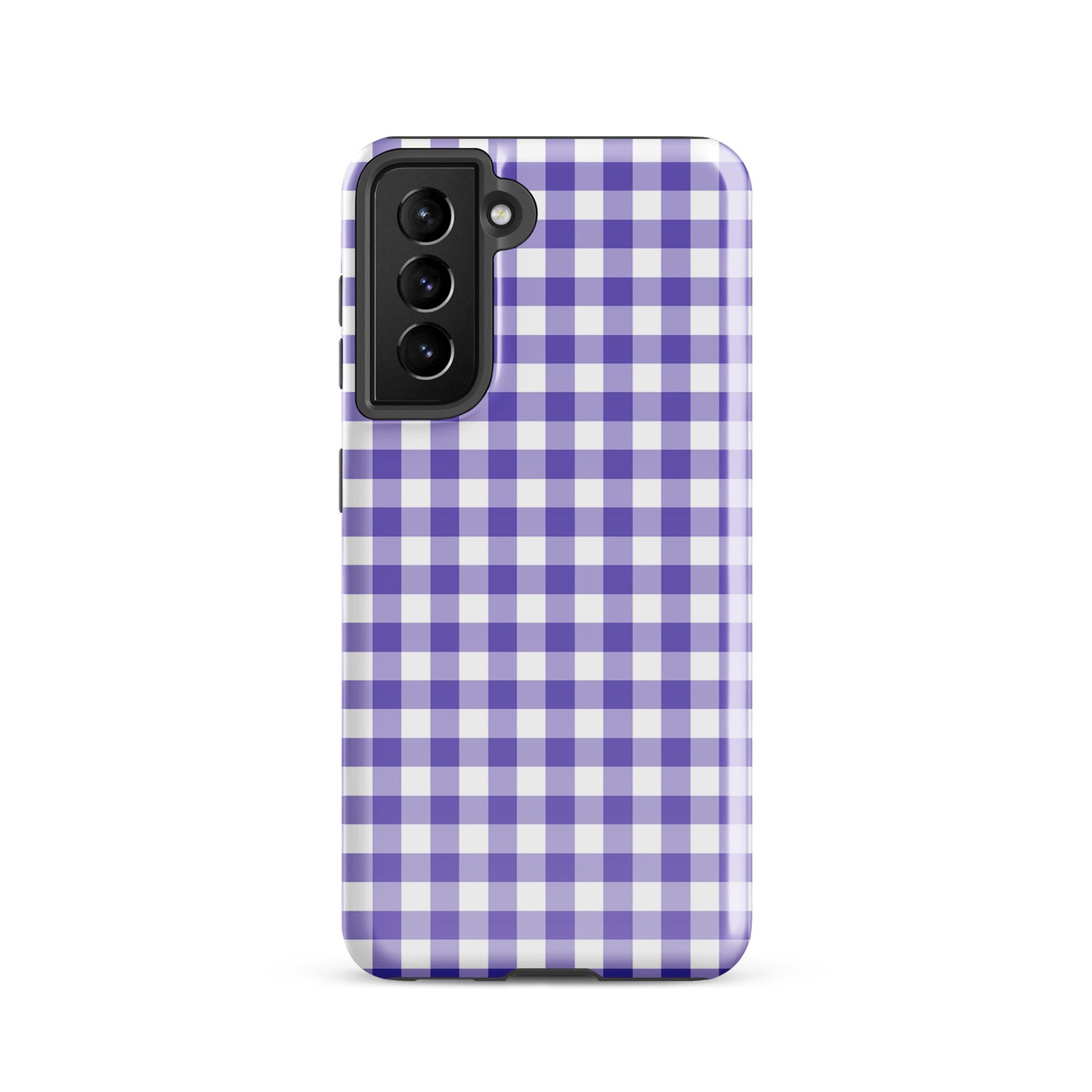 Phone case for Samsung Galaxy with purple gingham pattern offering style and protection.