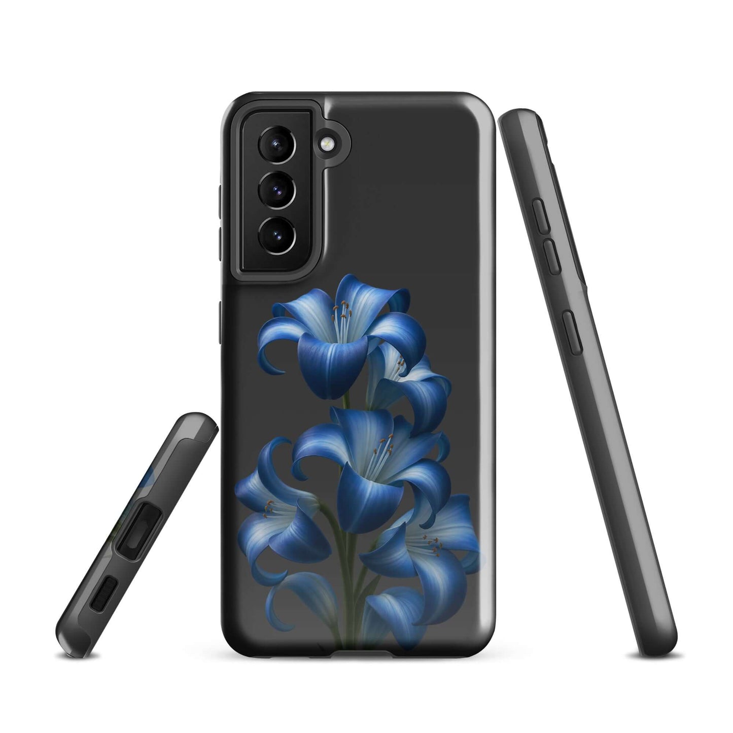 Phone Case for Samsung Galaxy featuring blue lily bloom design with a dark backdrop and premium dual-layer build
