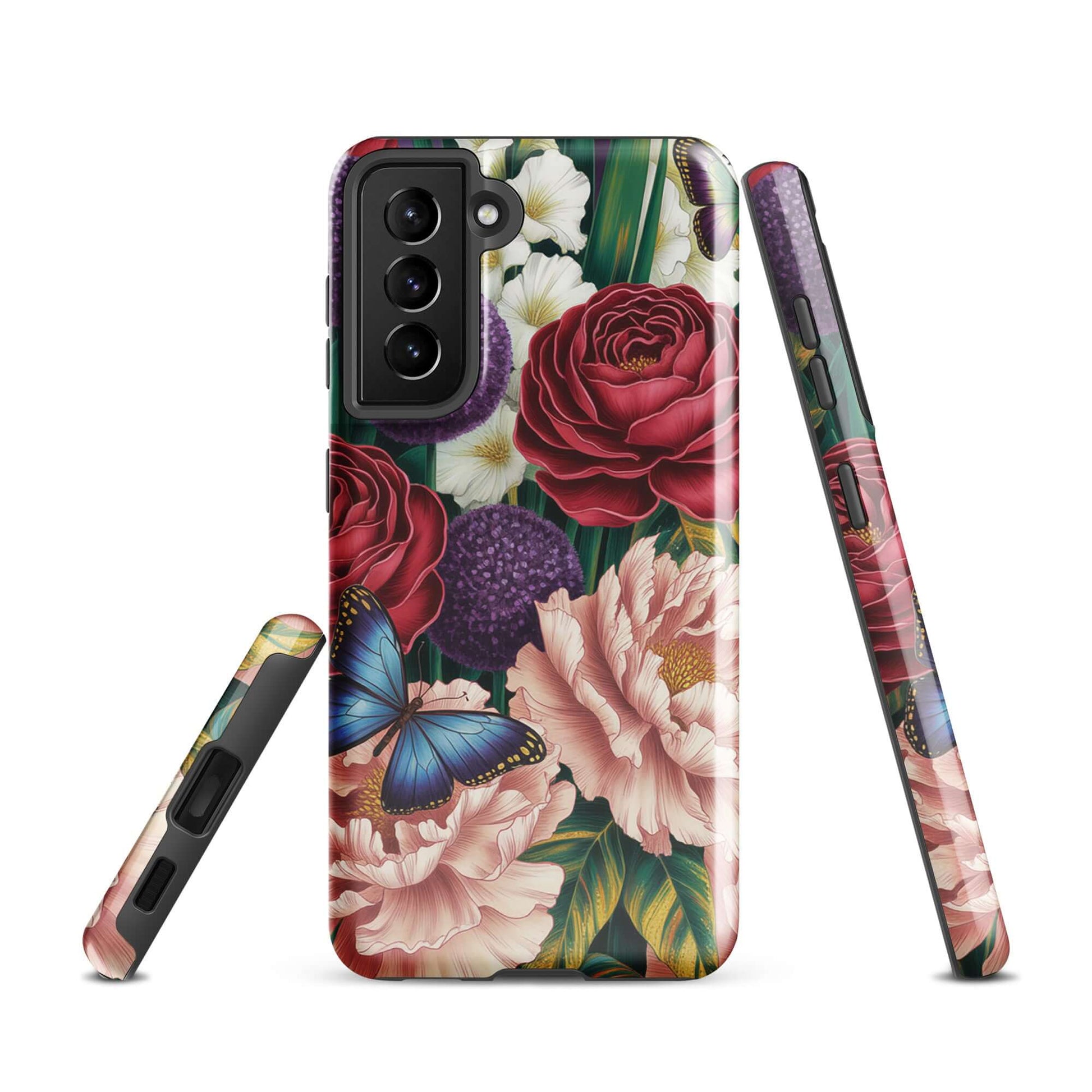 Phone Case for Samsung Galaxy featuring botanical garden design with colorful roses, peonies, alliums, foliage, and butterflies.