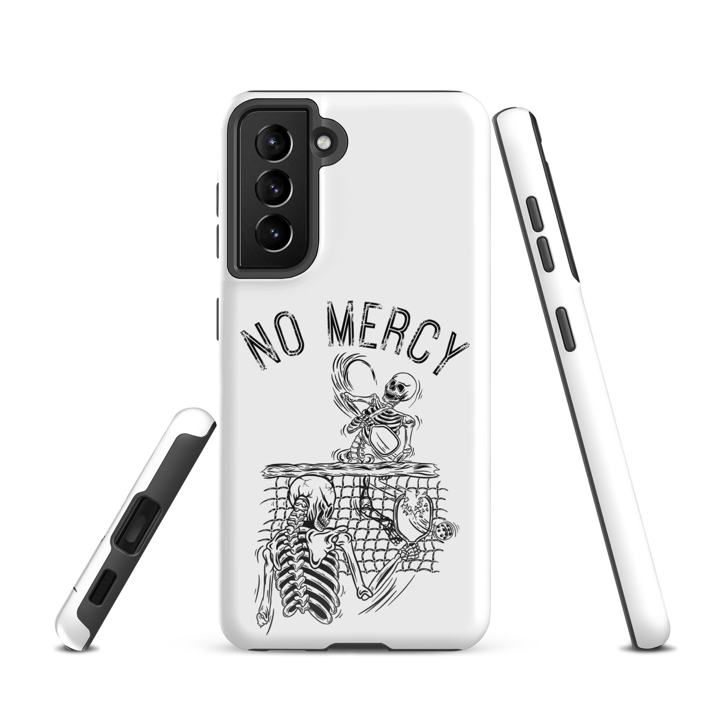 Pickleball Samsung Galaxy case with "No Mercy" skeleton design on striking phone protection.