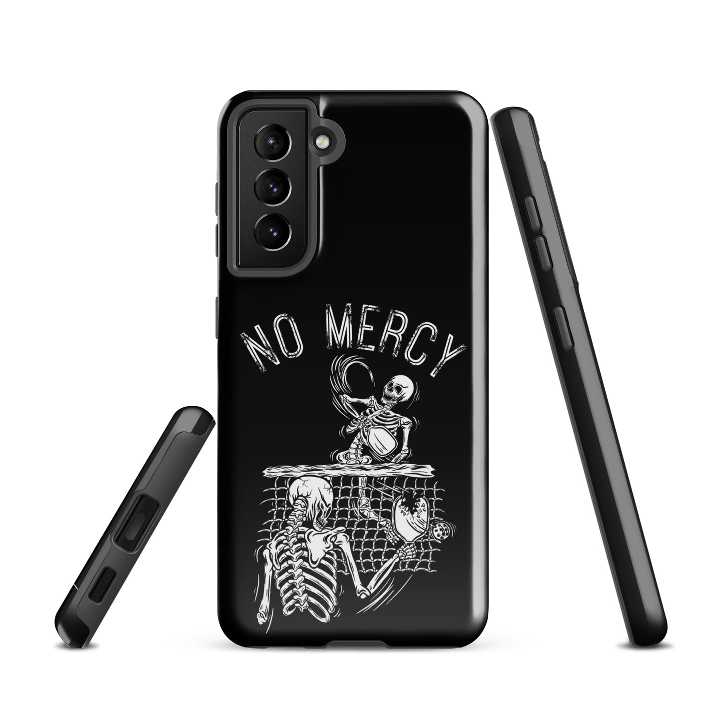 Pickleball Samsung Galaxy Case with No Mercy design featuring skeletons playing, ideal for aggressive pickleball players.