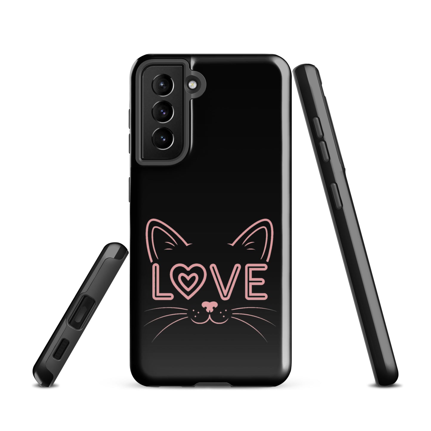 Cat Love phone case for Samsung Galaxy with minimalist cat face and "love" design, sleek black finish.