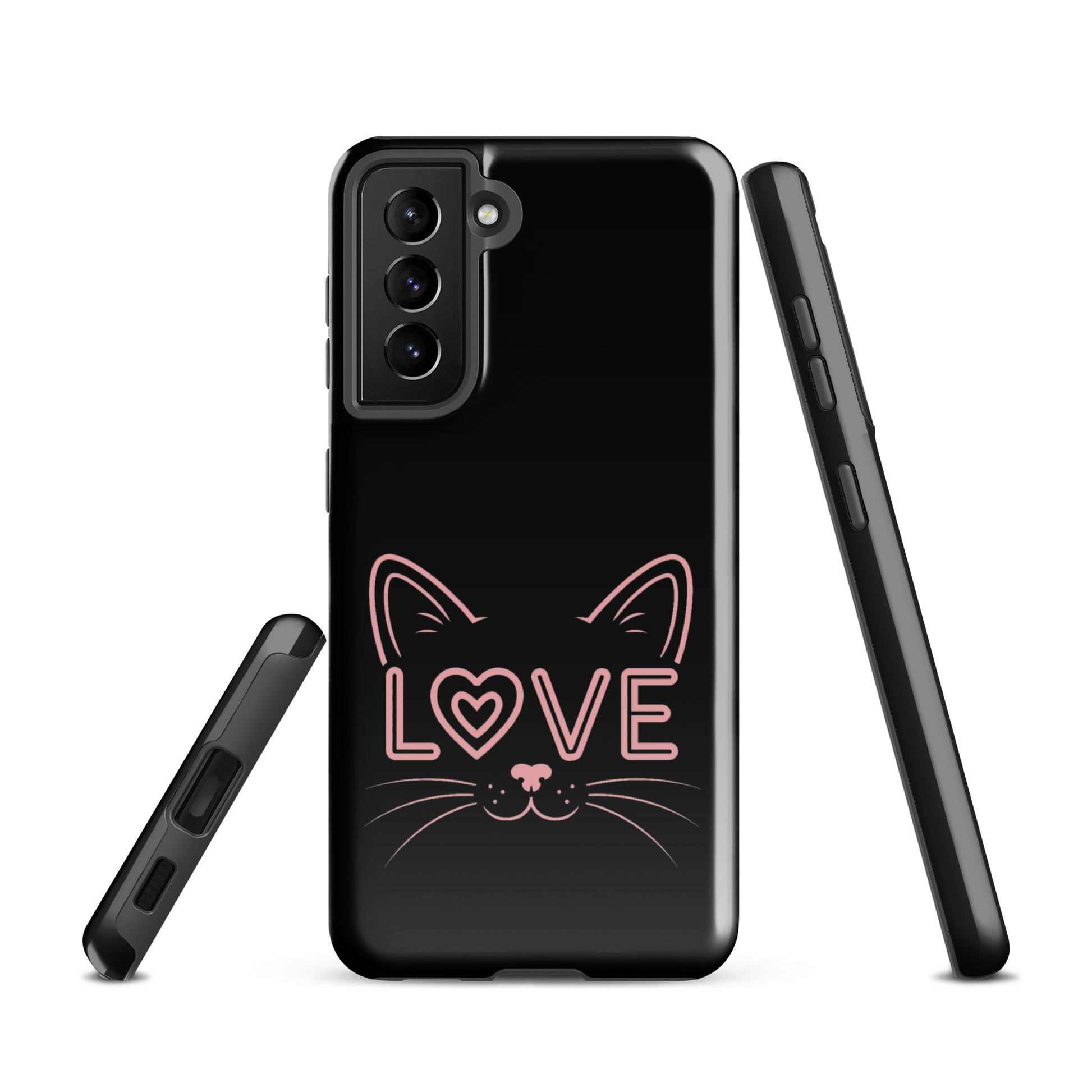 Cat Love phone case for Samsung Galaxy with minimalist cat face and "love" design, sleek black finish.