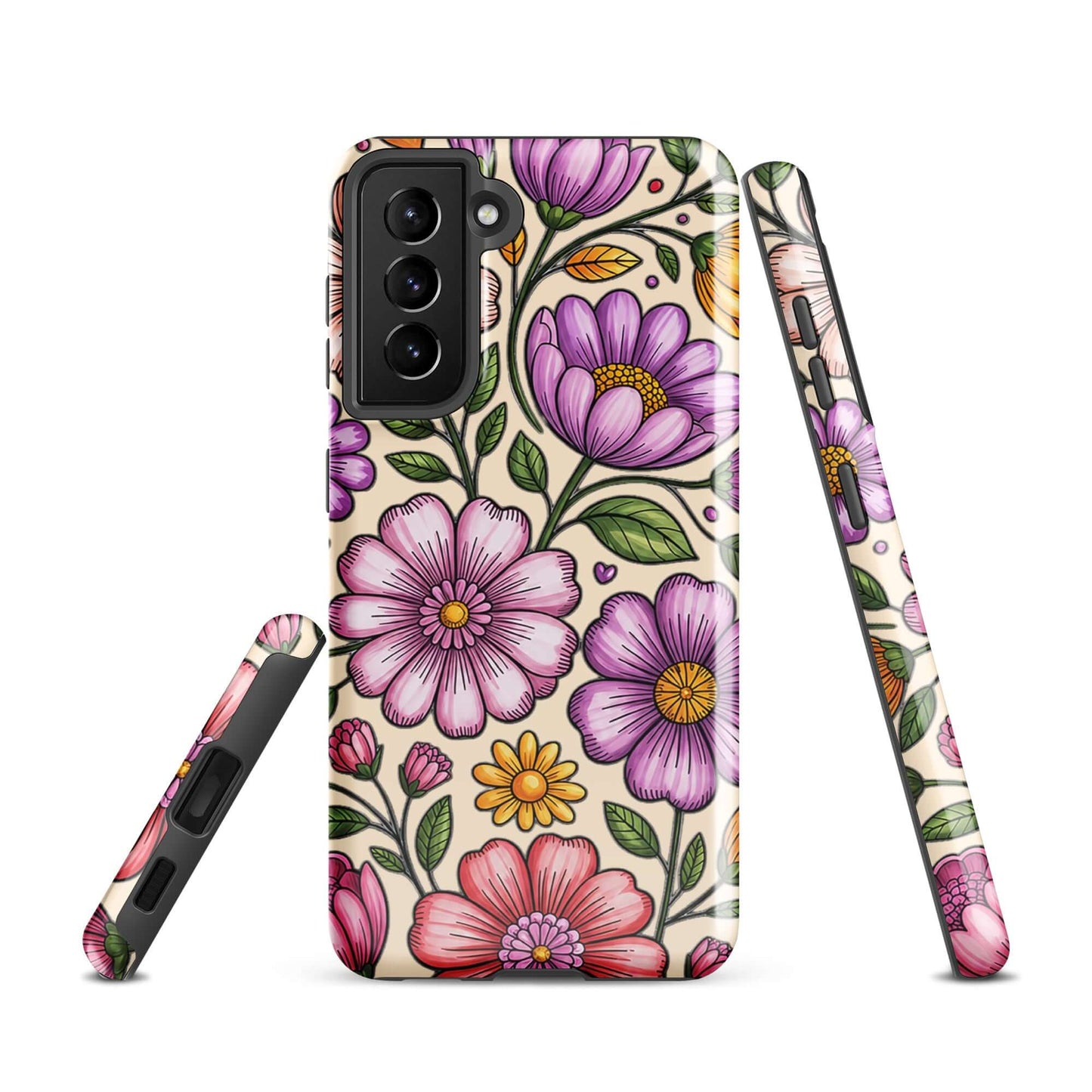 Phone Case for Samsung Galaxy with pastel floral design, showcasing pink, peach, lavender, and yellow flowers on a sturdy construction.