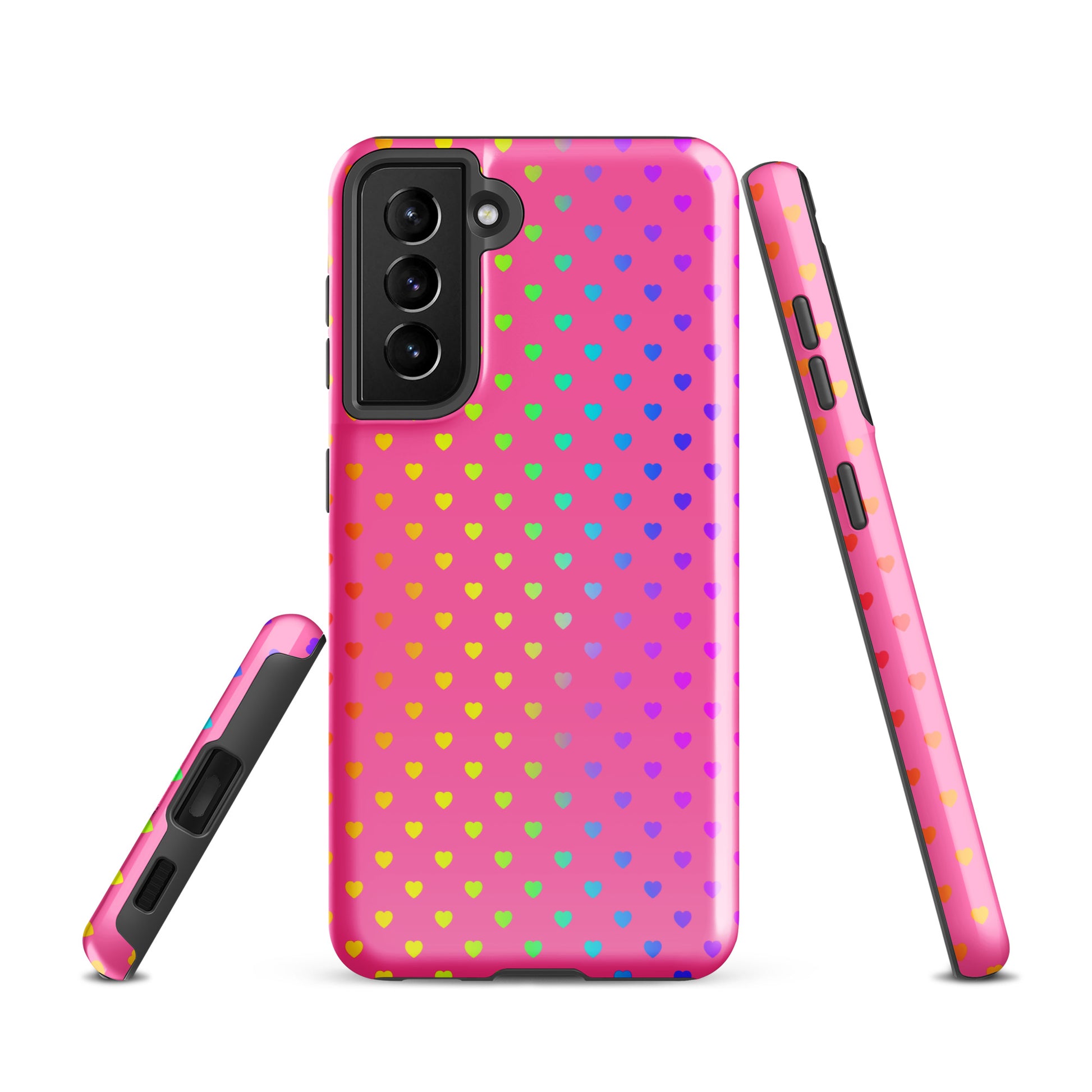 Phone case for Samsung Galaxy with cute rainbow hearts on a pink background, showcasing vibrant and playful design.