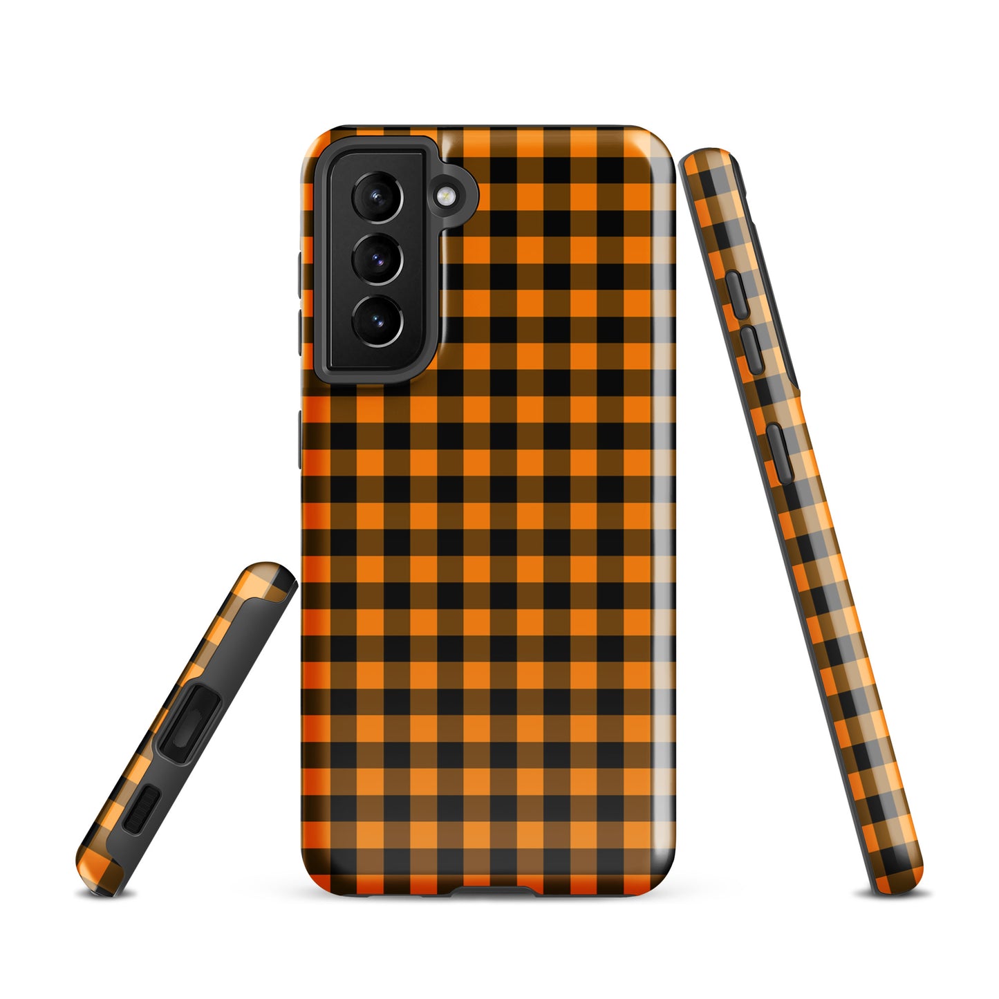 Black-and-orange gingham phone case for Samsung Galaxy, autumn theme. Durable and stylish phone case for fall fashion lovers.