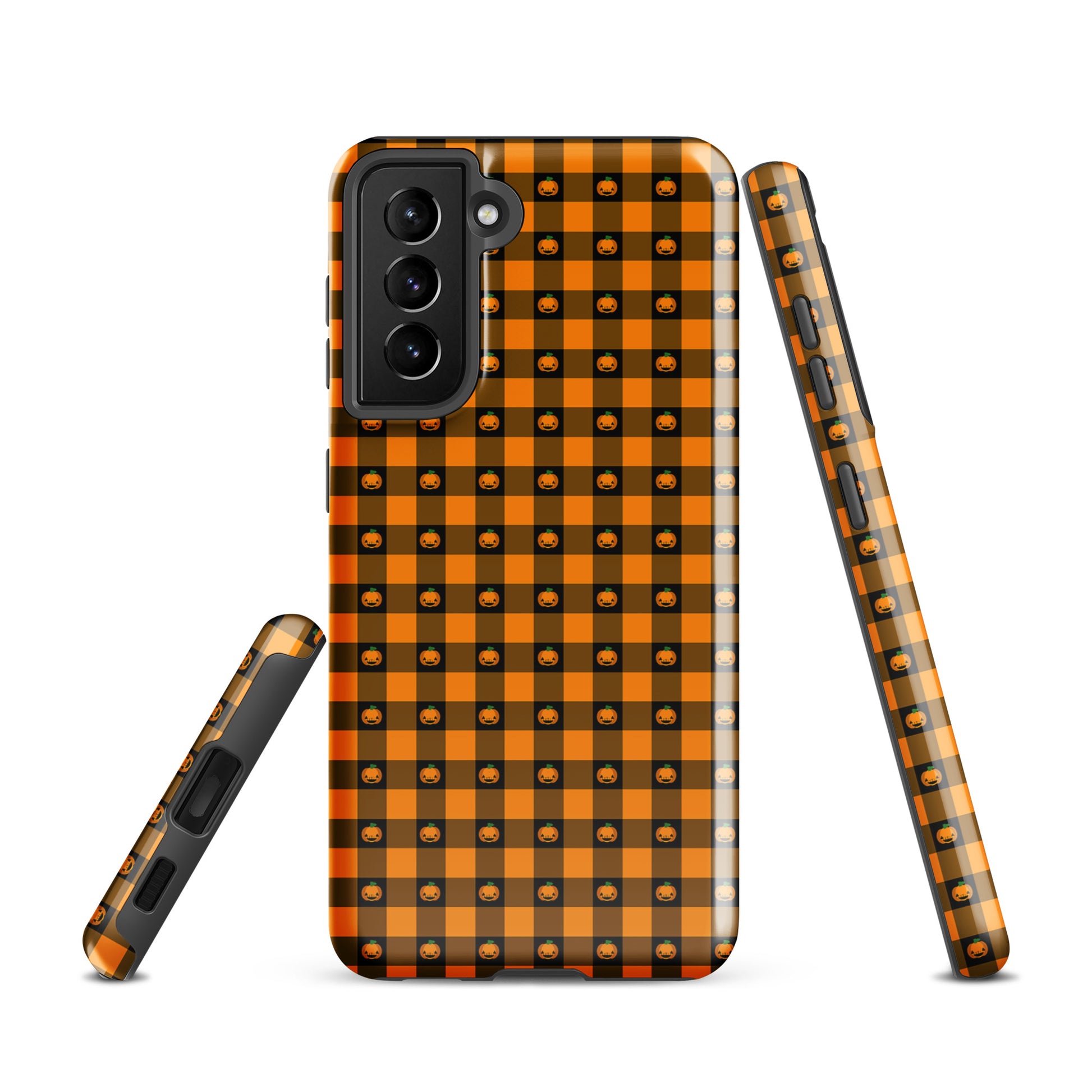 Phone Case with pumpkin gingham design for Samsung Galaxy, perfect Halloween accessory with cute jack-o’-lanterns.