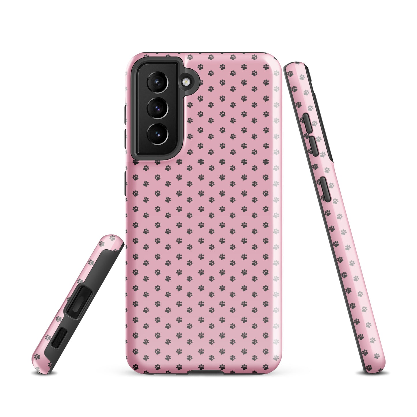 Phone Case for Samsung Galaxy with paw-print design in playful pink featuring dark gray paw patterns for cute and durable protection.