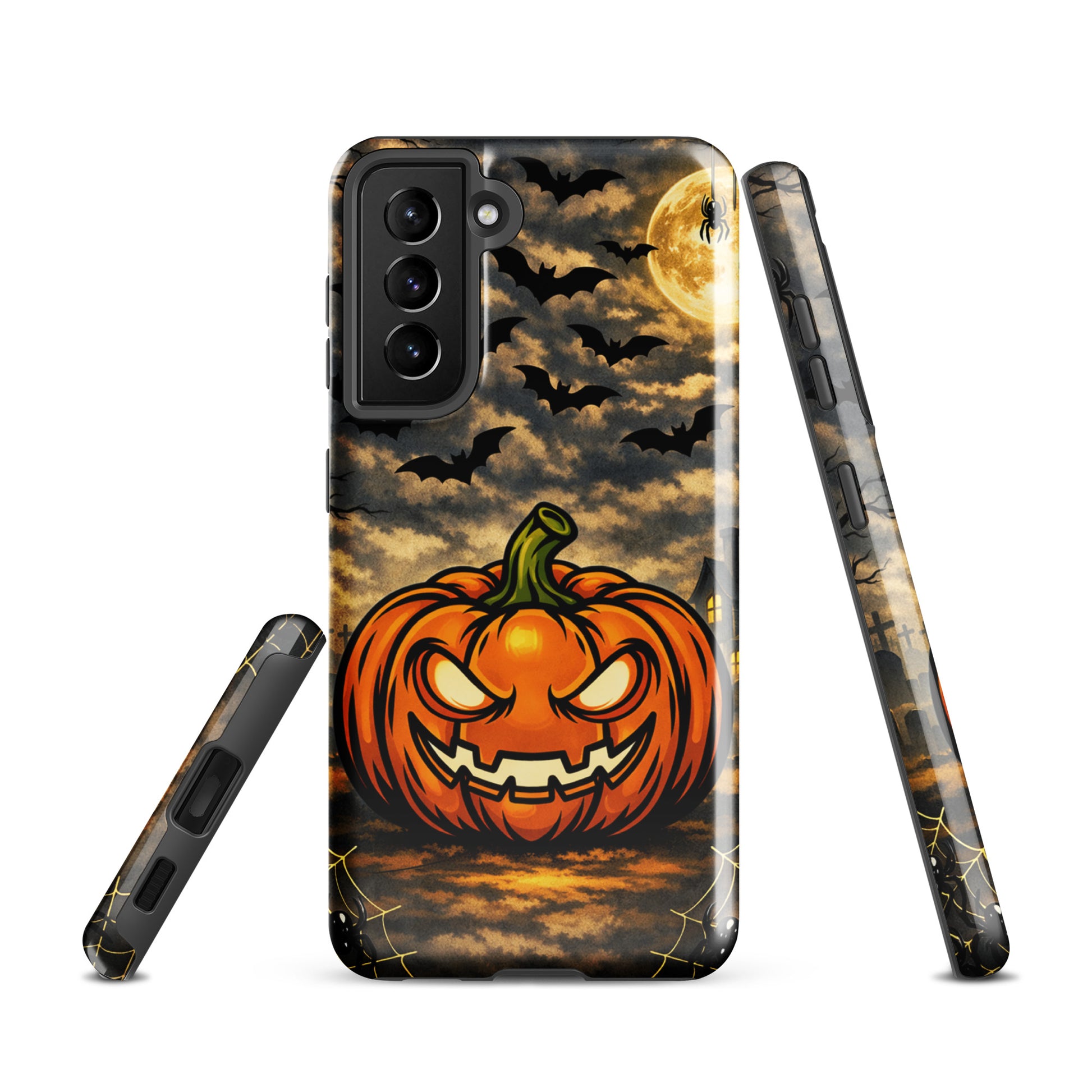 Phone Case for Samsung Galaxy with a haunting pumpkin, bats, and moonlit sky design, perfect for Halloween enthusiasts.