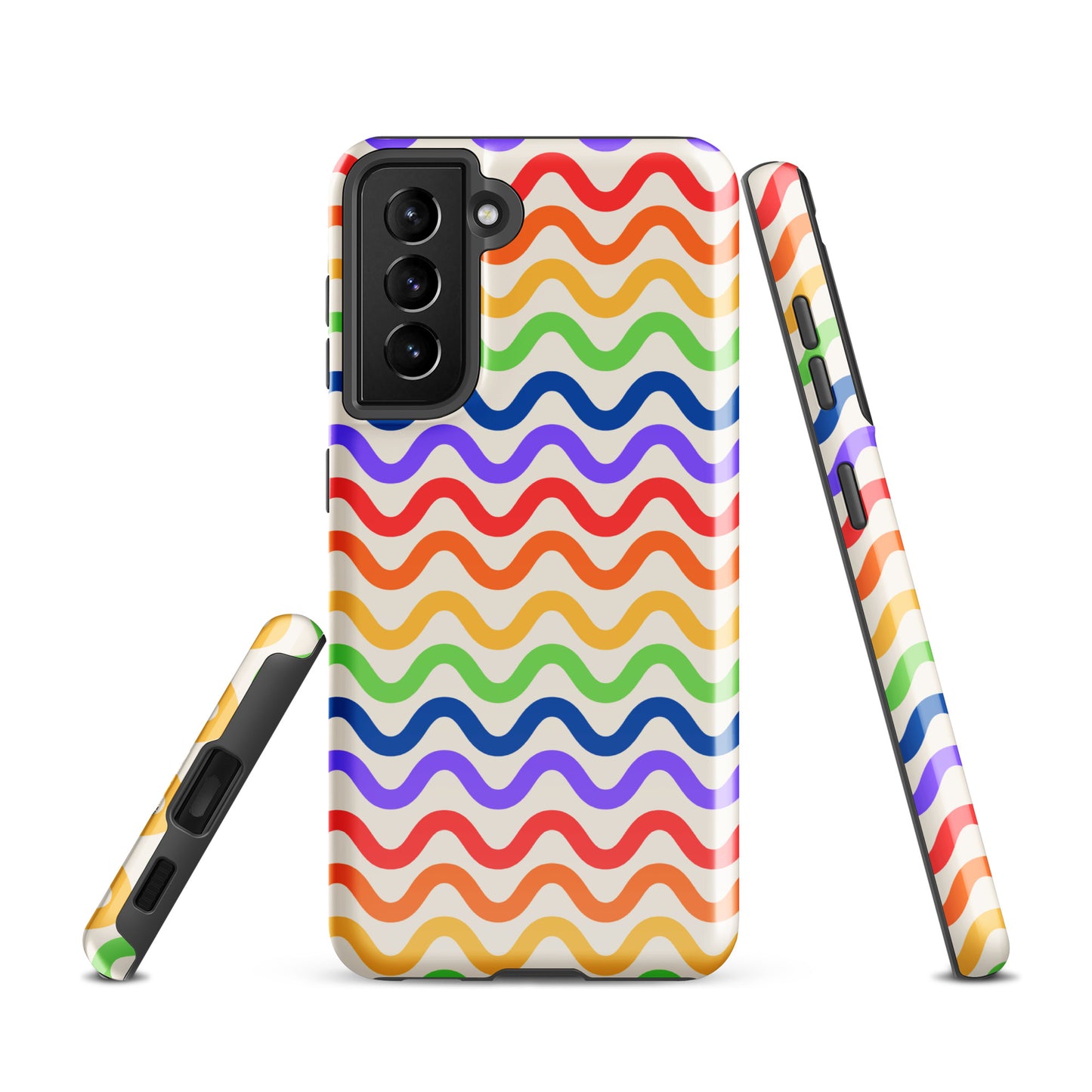 Phone Case for Samsung Galaxy with wavy rainbow groove pattern, vibrant colors on white backdrop, shows front and side views.