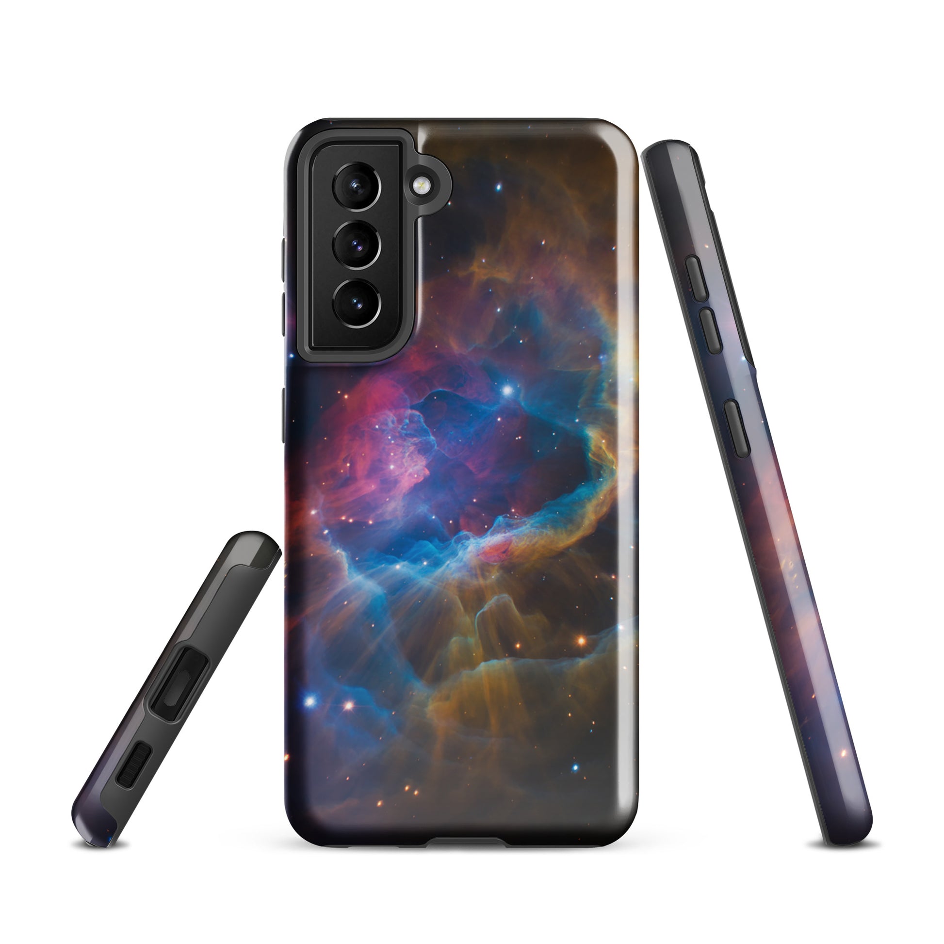 Phone Case for Samsung Galaxy featuring nebula cosmic design with vibrant electric blues and fiery oranges.