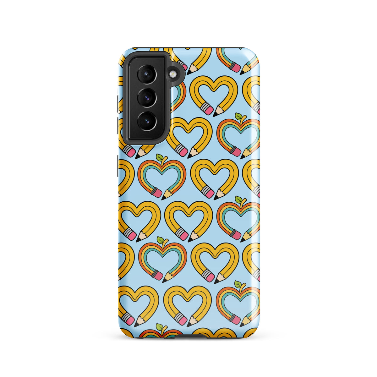 Phone Case for Samsung Galaxy with pencil-heart pattern on blue background, perfect for back-to-school charm and creativity.