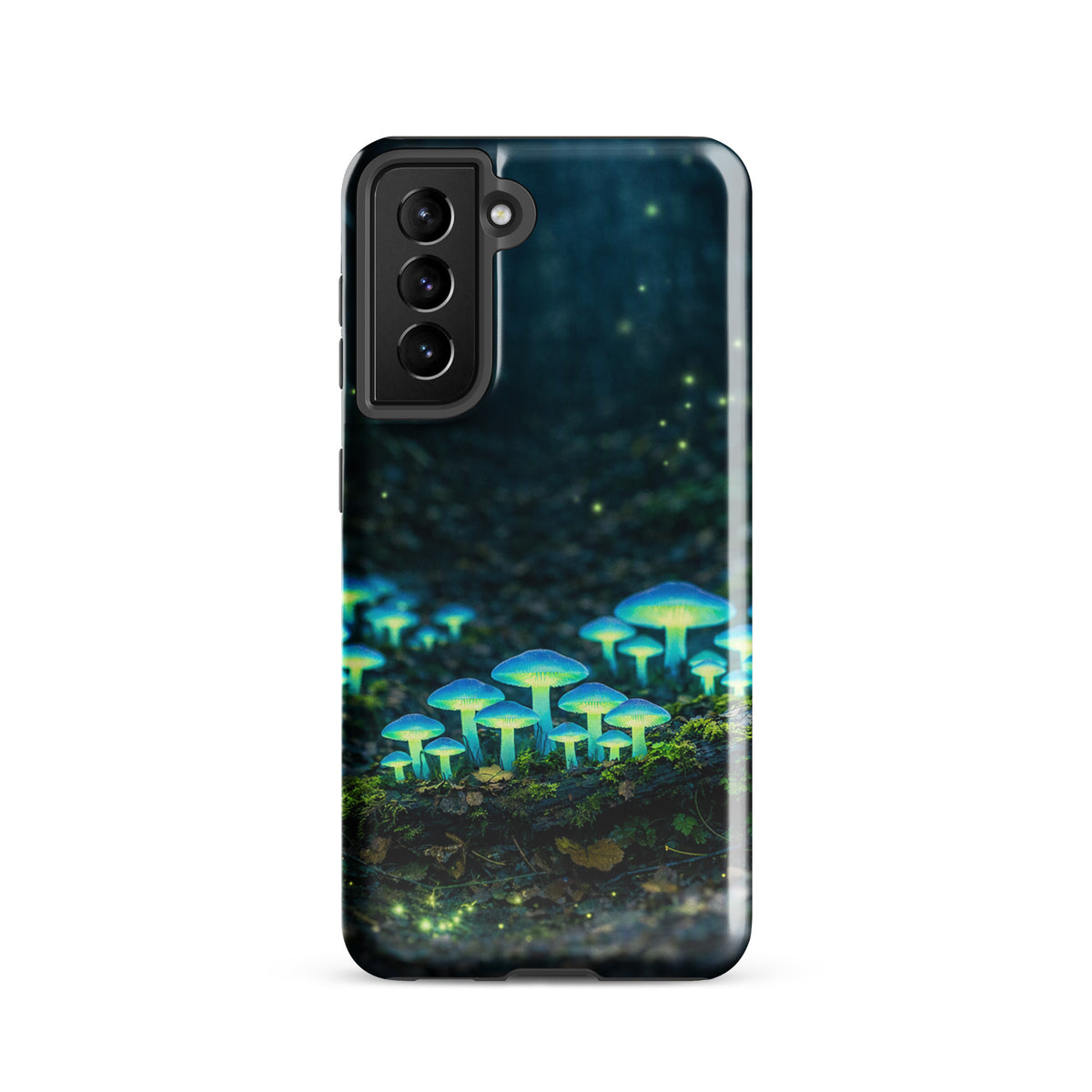 Phone Case for Samsung Galaxy featuring glowing forest mushrooms with ethereal blue-green glow in a misty woodland scene.