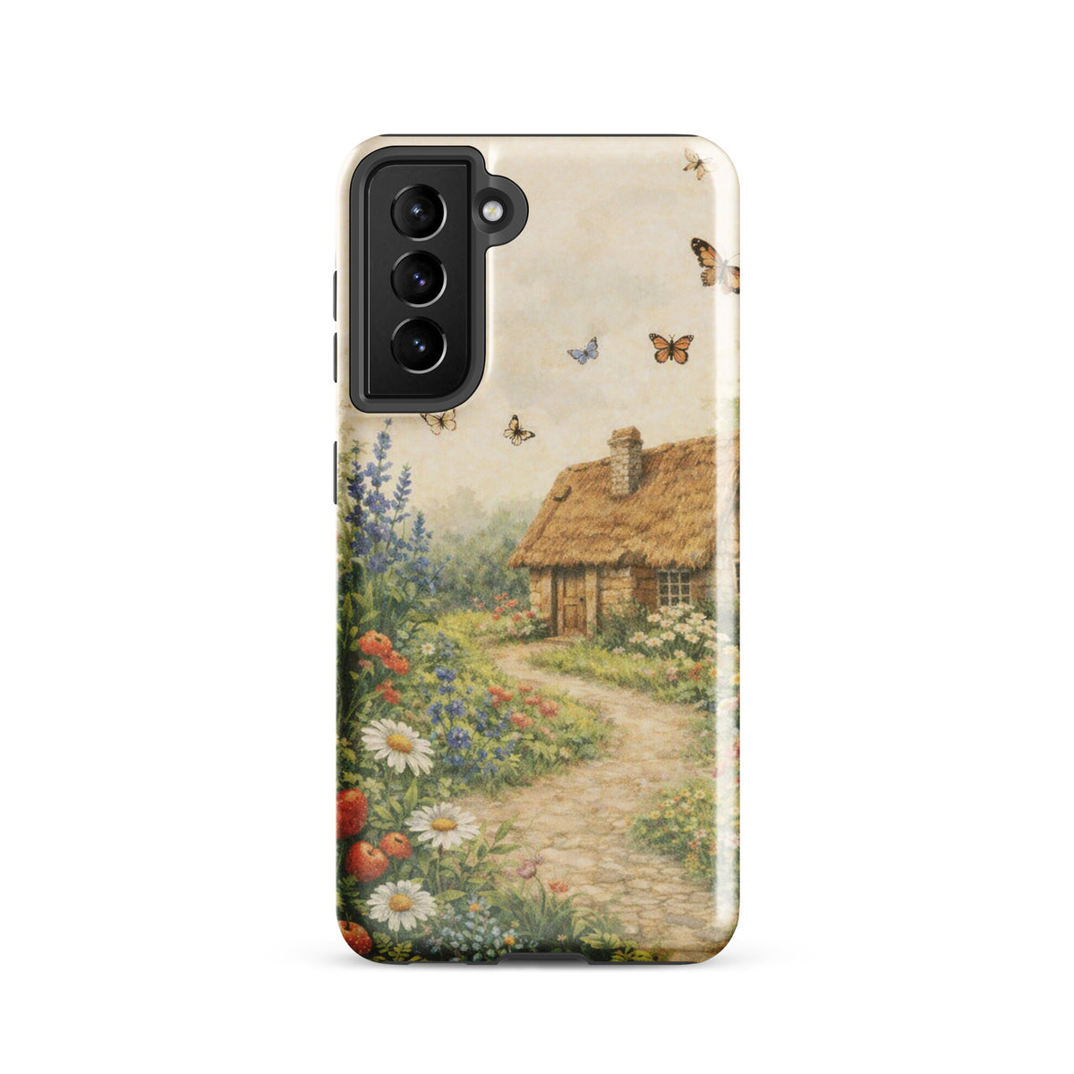 Phone Case for Samsung Galaxy with cottage garden art featuring a thatched-roof cottage, flowers, and butterflies on a cream background.