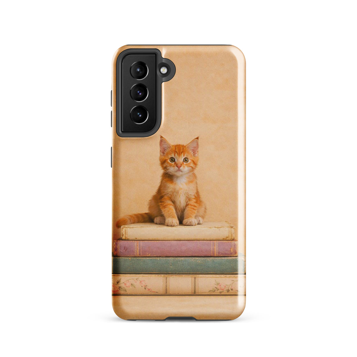 Phone Case with orange kitten and vintage books design for Samsung Galaxy XX219, ideal for cat lovers and book enthusiasts.