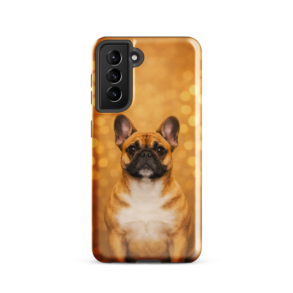 Phone Case for Samsung Galaxy featuring a French Bulldog portrait with a golden bokeh background, perfect for dog lovers.