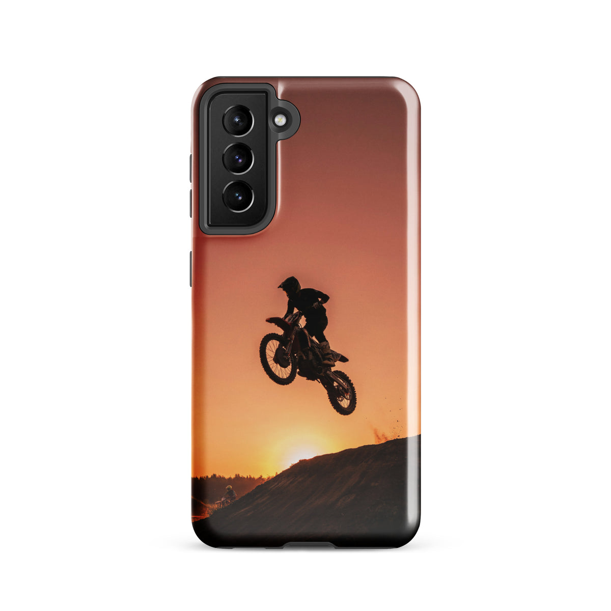 Phone Case for Samsung Galaxy with motocross sunset dirt bike design, featuring dramatic silhouette against a glowing sunset.