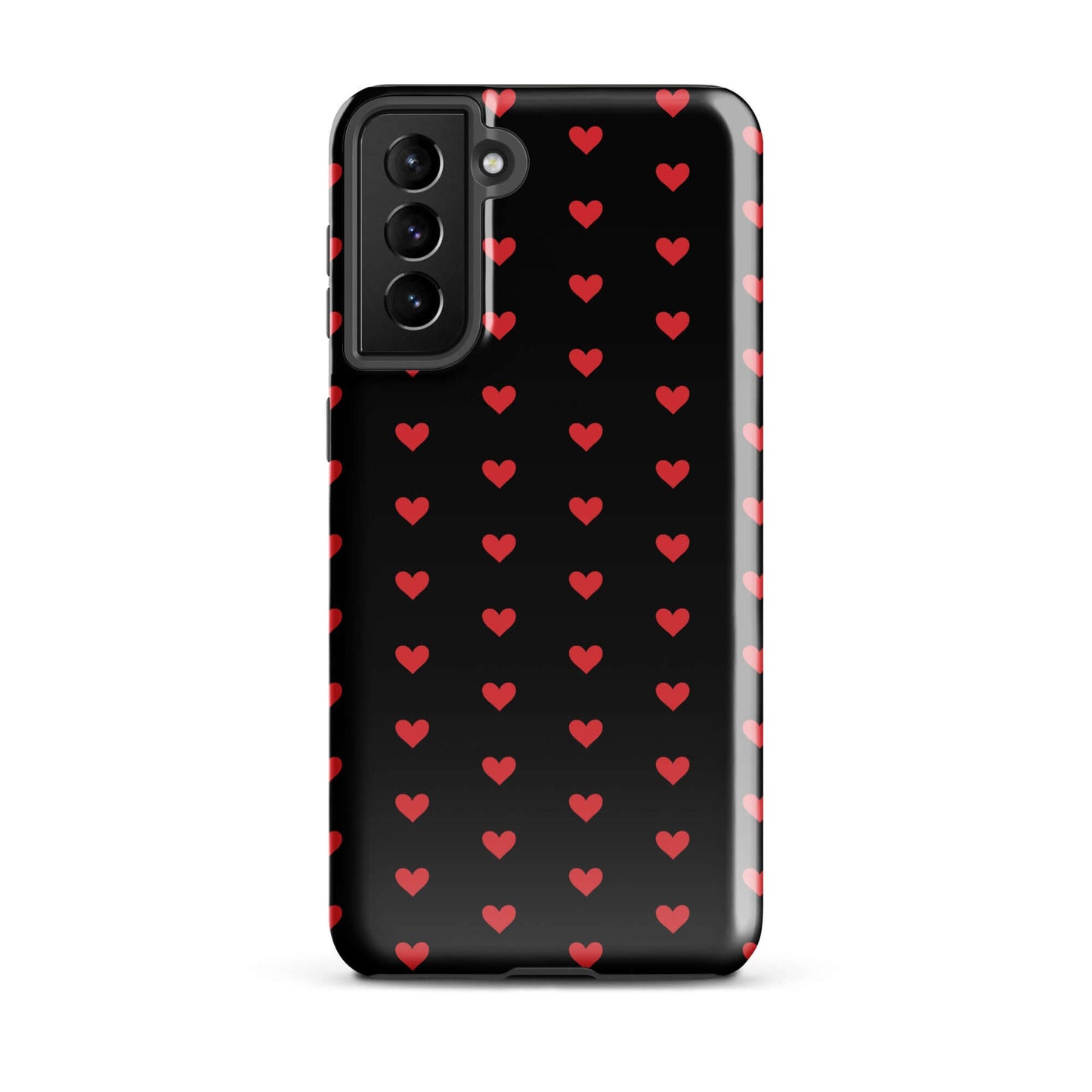 Phone Case for Samsung Galaxy featuring fiery red hearts on a black background, combining style and protection.