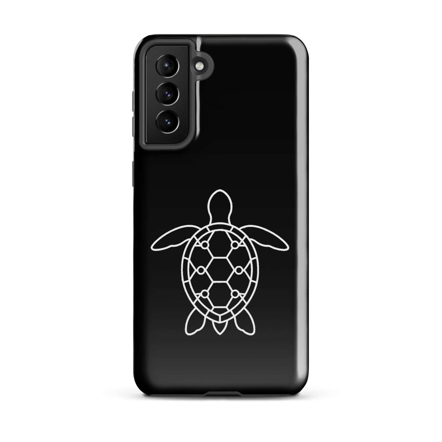 Phone case for Samsung Galaxy featuring a minimalist sea turtle silhouette on a black background.