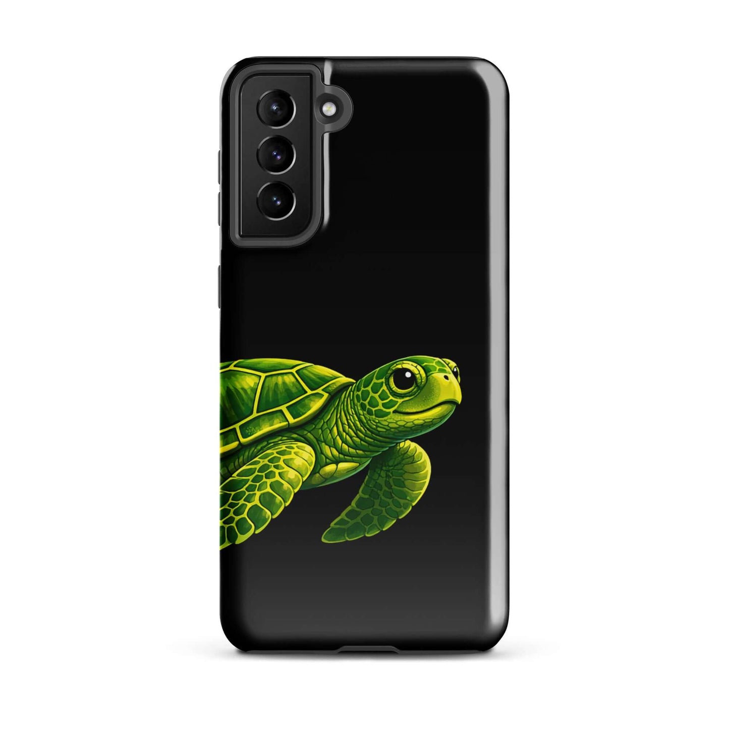 Phone case featuring vibrant sea turtle design on a black background for Samsung Galaxy.