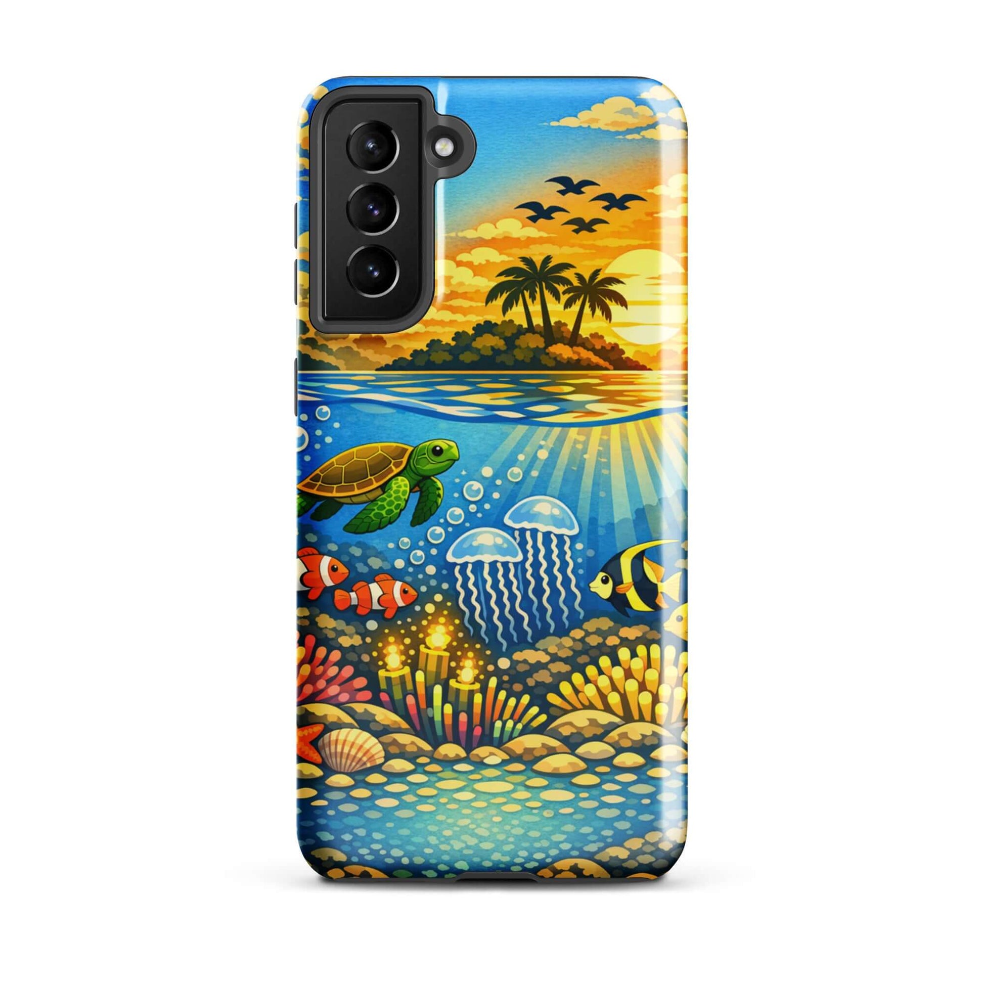 Phone Case for Samsung Galaxy featuring tropical sunset and underwater reef design with marine life.