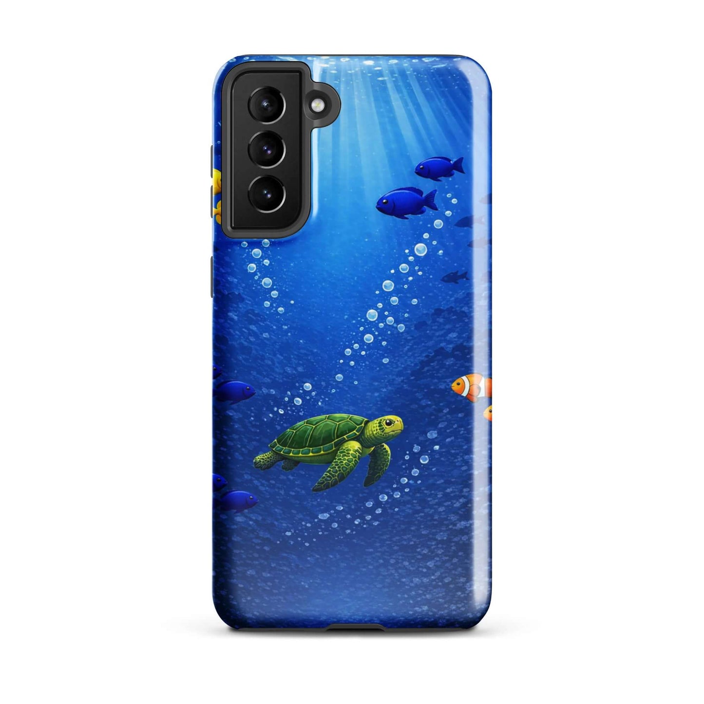 Phone Case featuring a vibrant sea turtle and tropical fish design immersed in deep blue waters.