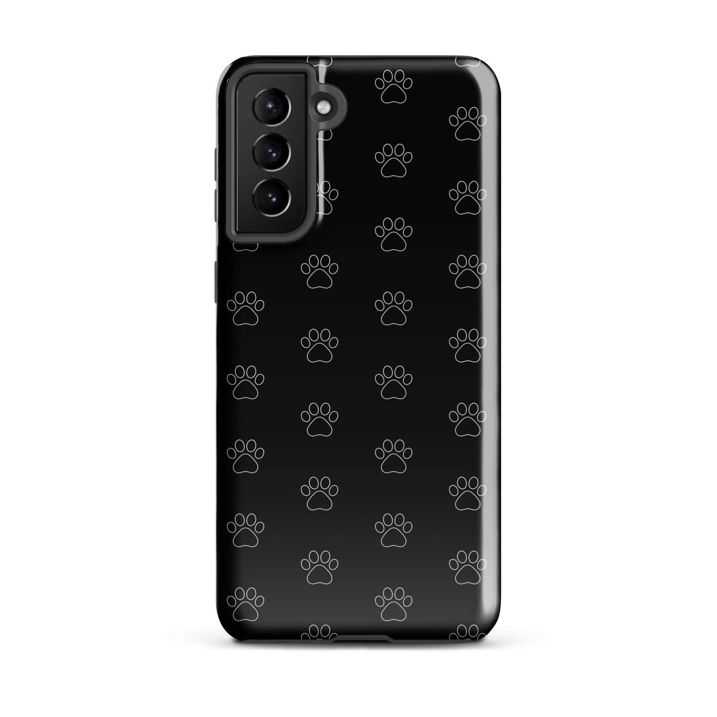 Phone Case for Samsung Galaxy in black with all-over paw print pattern, ideal for pet lovers.