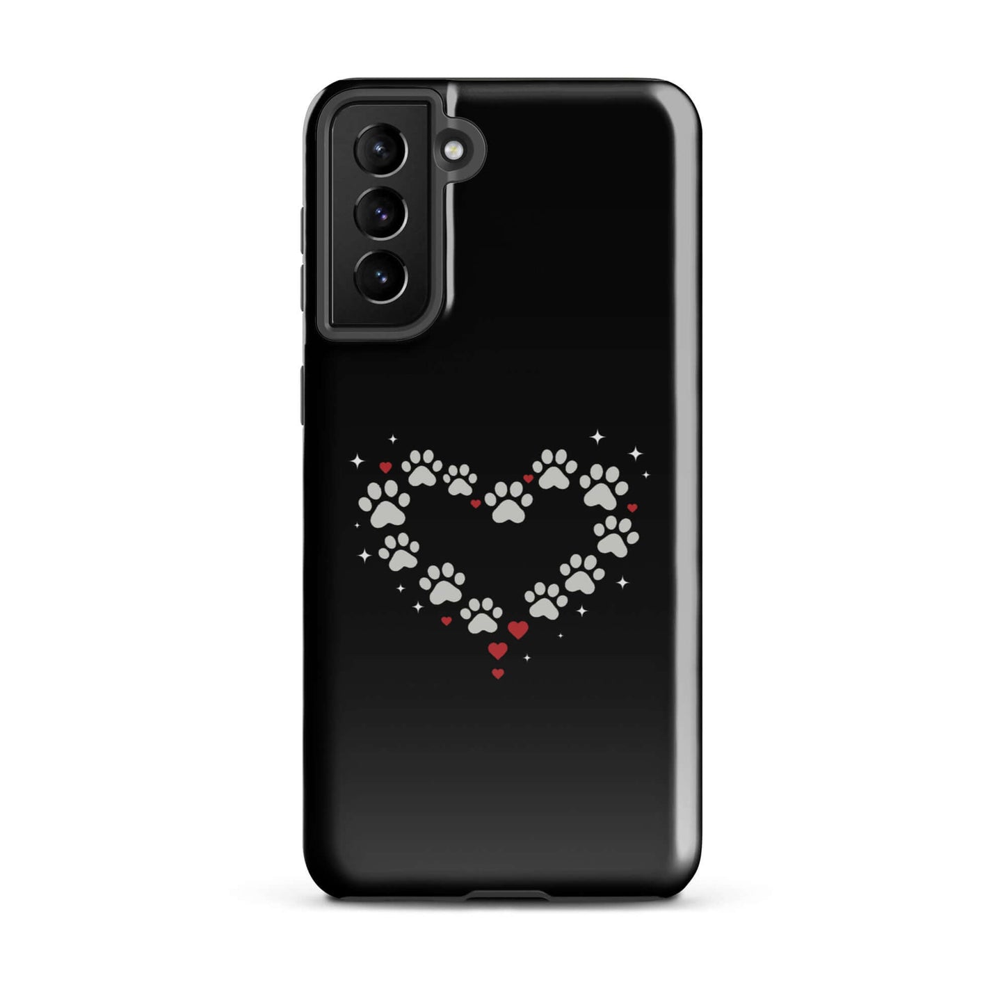 Phone Case for Samsung Galaxy with paw-print heart design on a black backdrop.