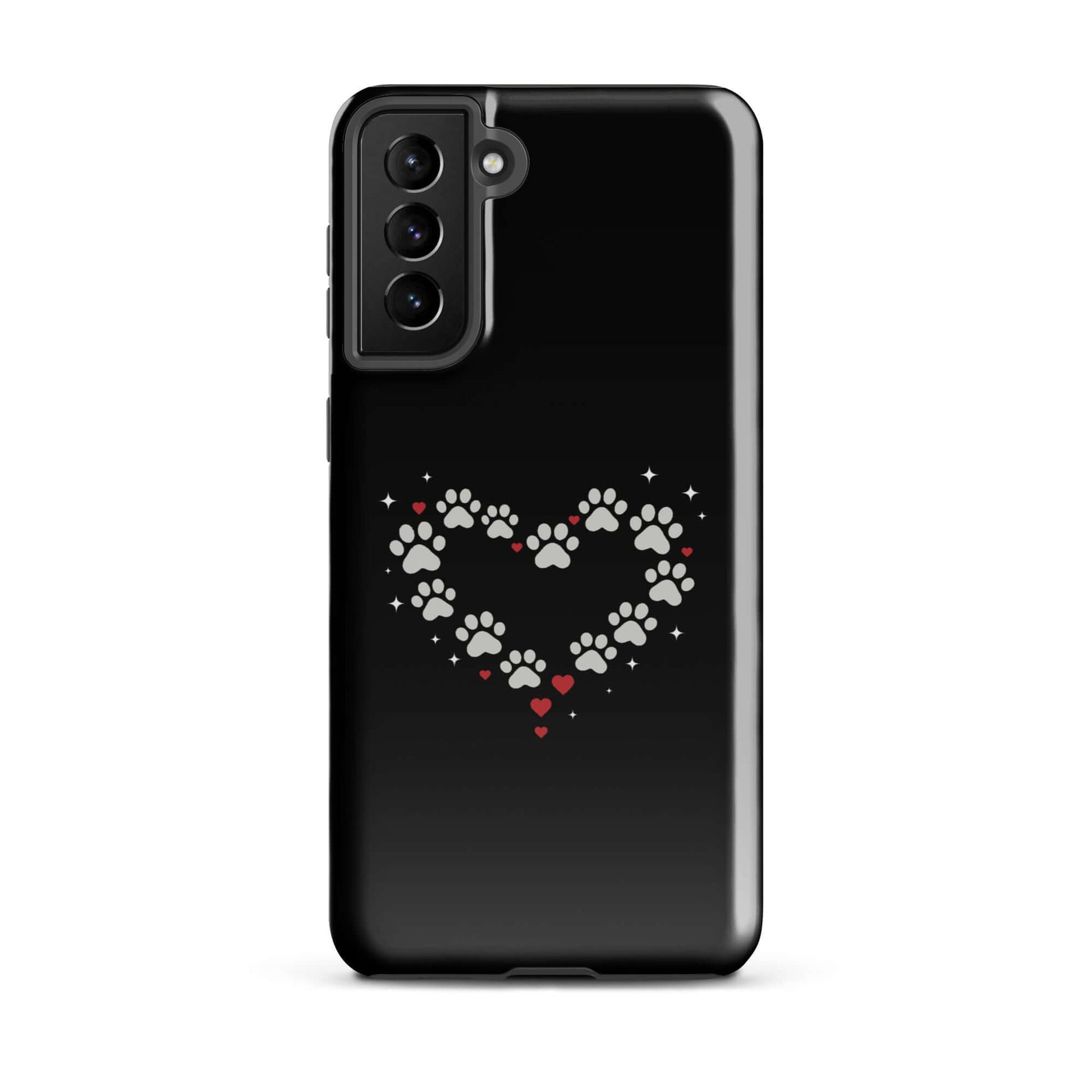 Phone Case for Samsung Galaxy with paw-print heart design on a black backdrop.